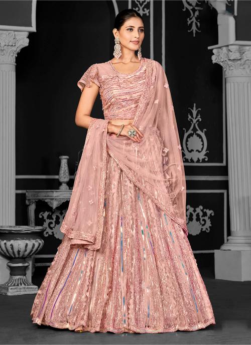 Peach Net Party Wear Lehenga
