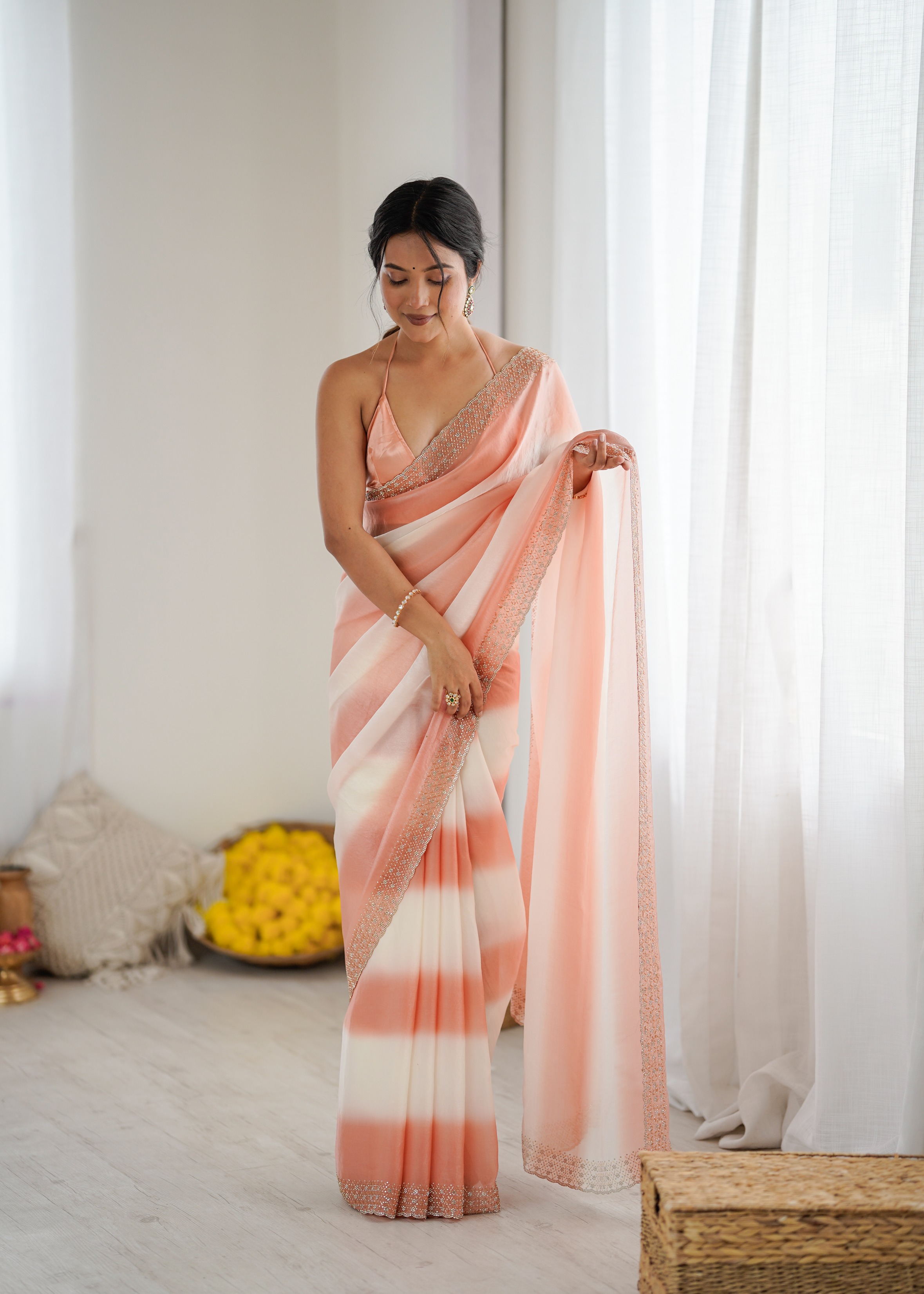 Peach Ombre Zarkan Diamond Border Fendi Satin Saree