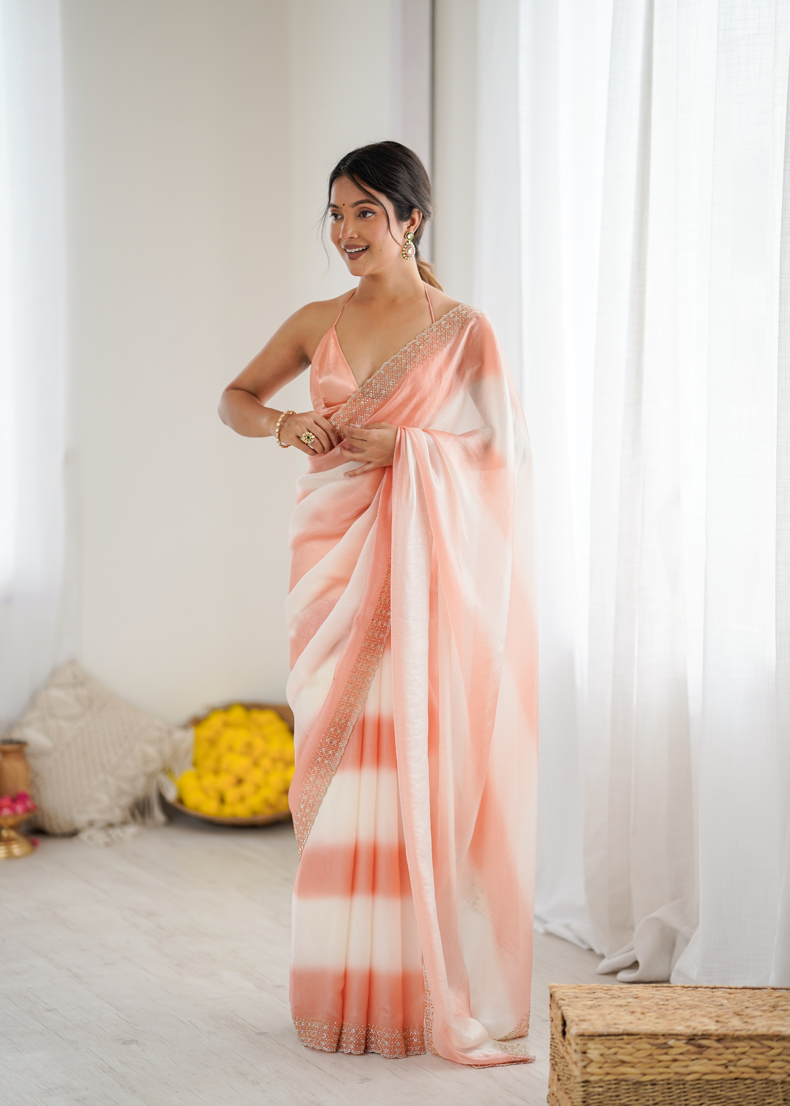 Peach Ombre Zarkan Diamond Border Fendi Satin Saree — alternate view