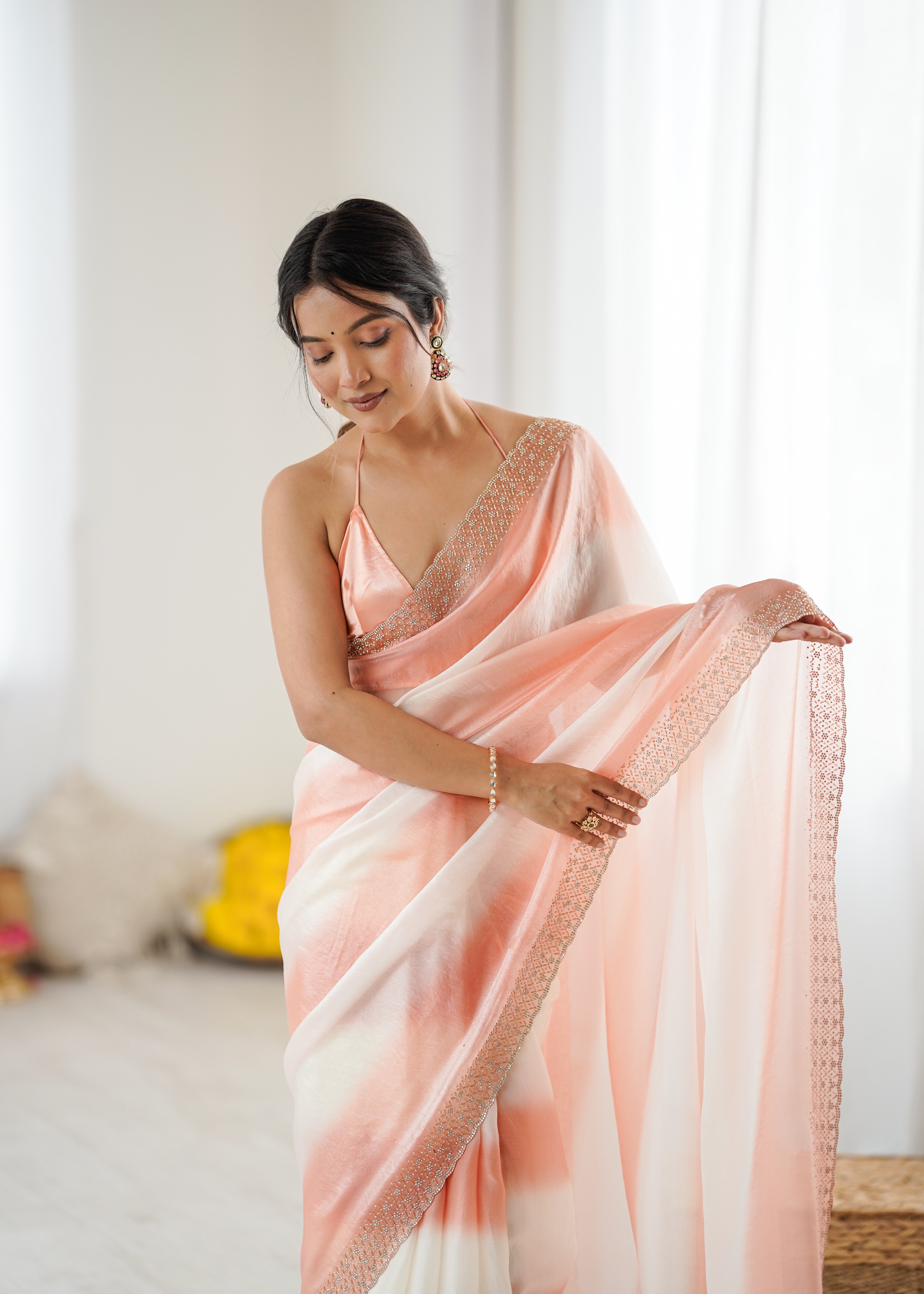 Peach Ombre Zarkan Diamond Border Fendi Satin Saree