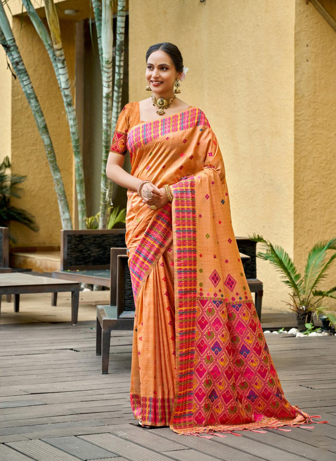 Peach Orange Woven Designer Assam Silk Saree