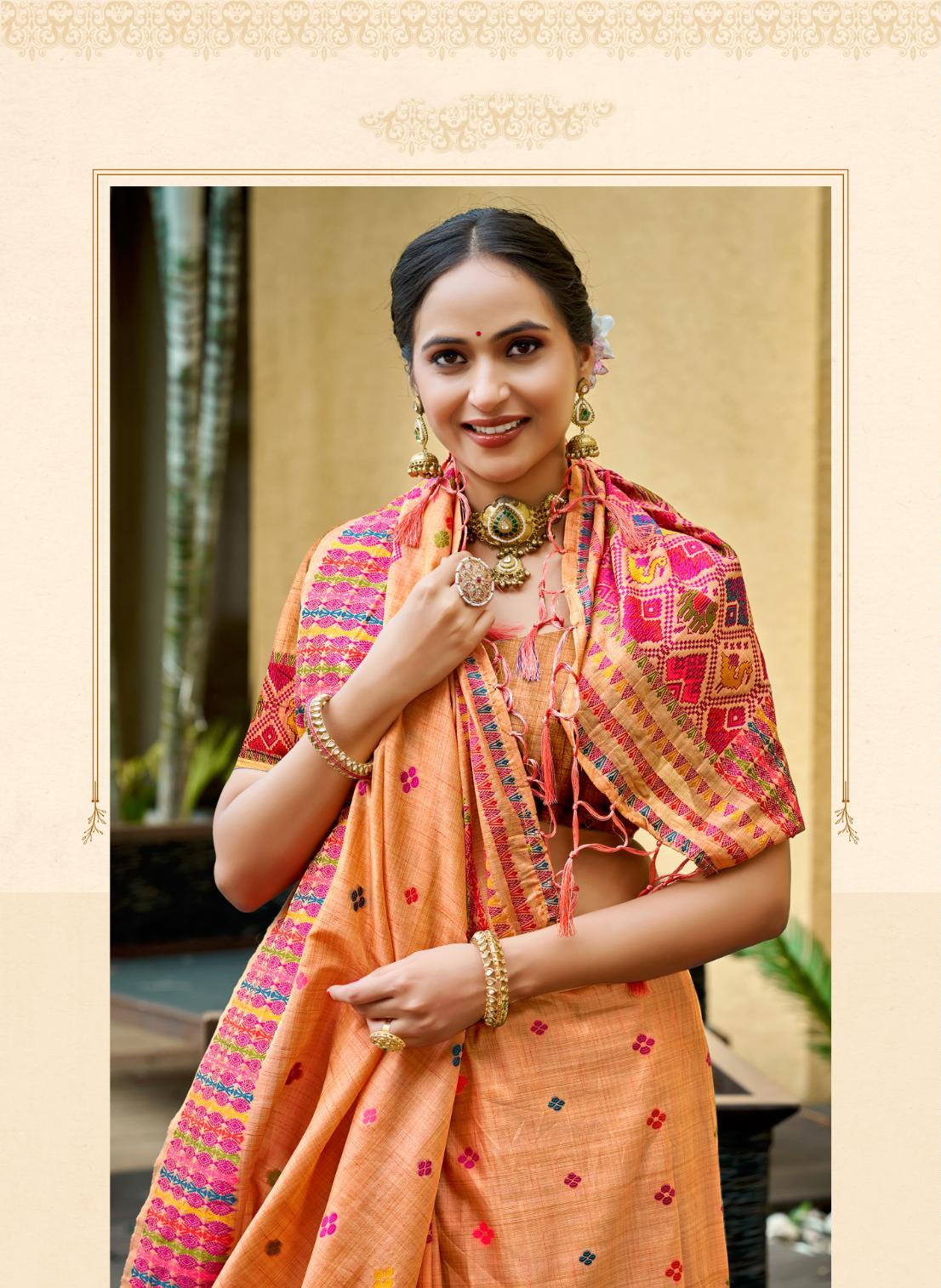 Peach Orange Woven Designer Assam Silk Saree — alternate view