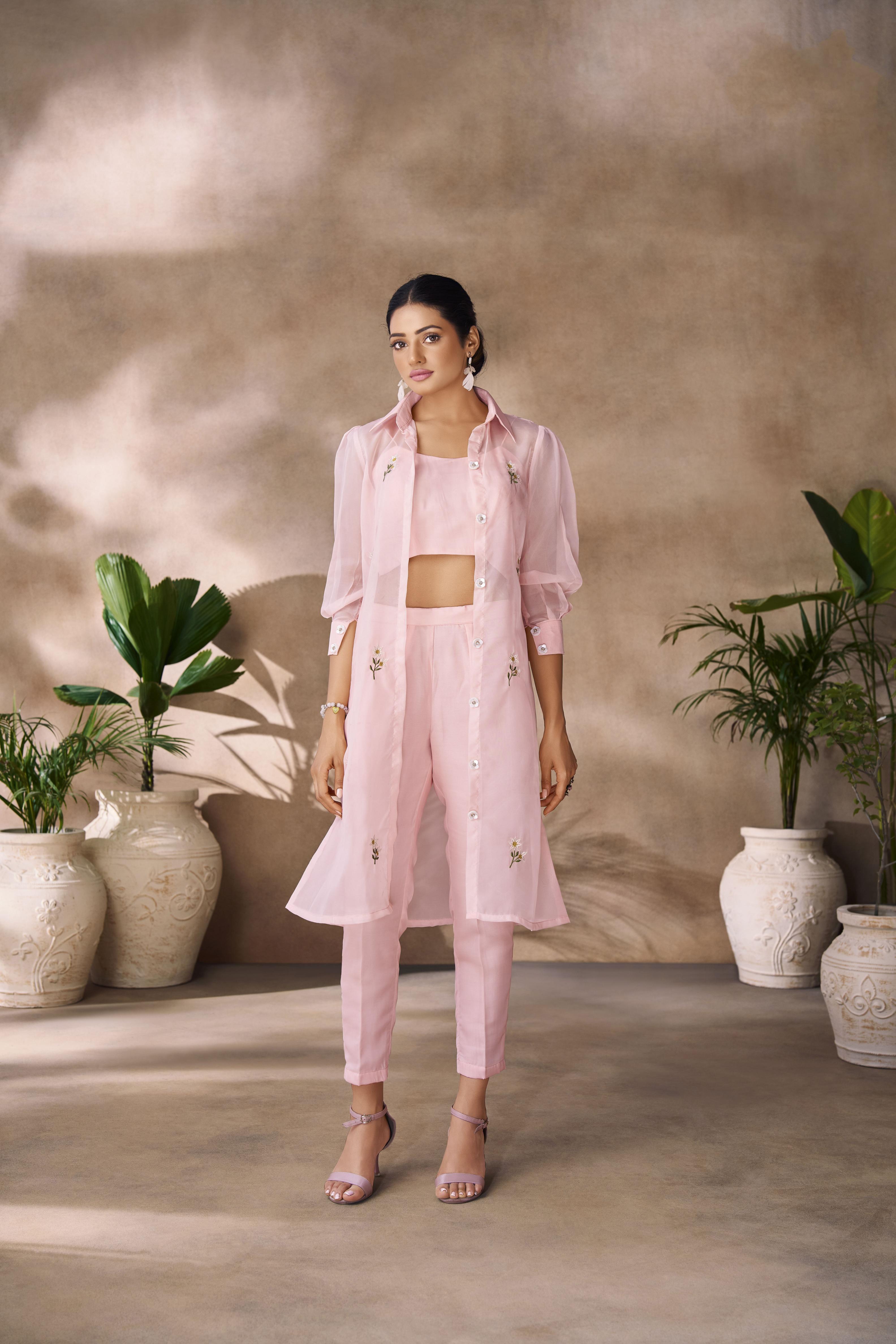 Peach Organza Designer Hand Work Kurti