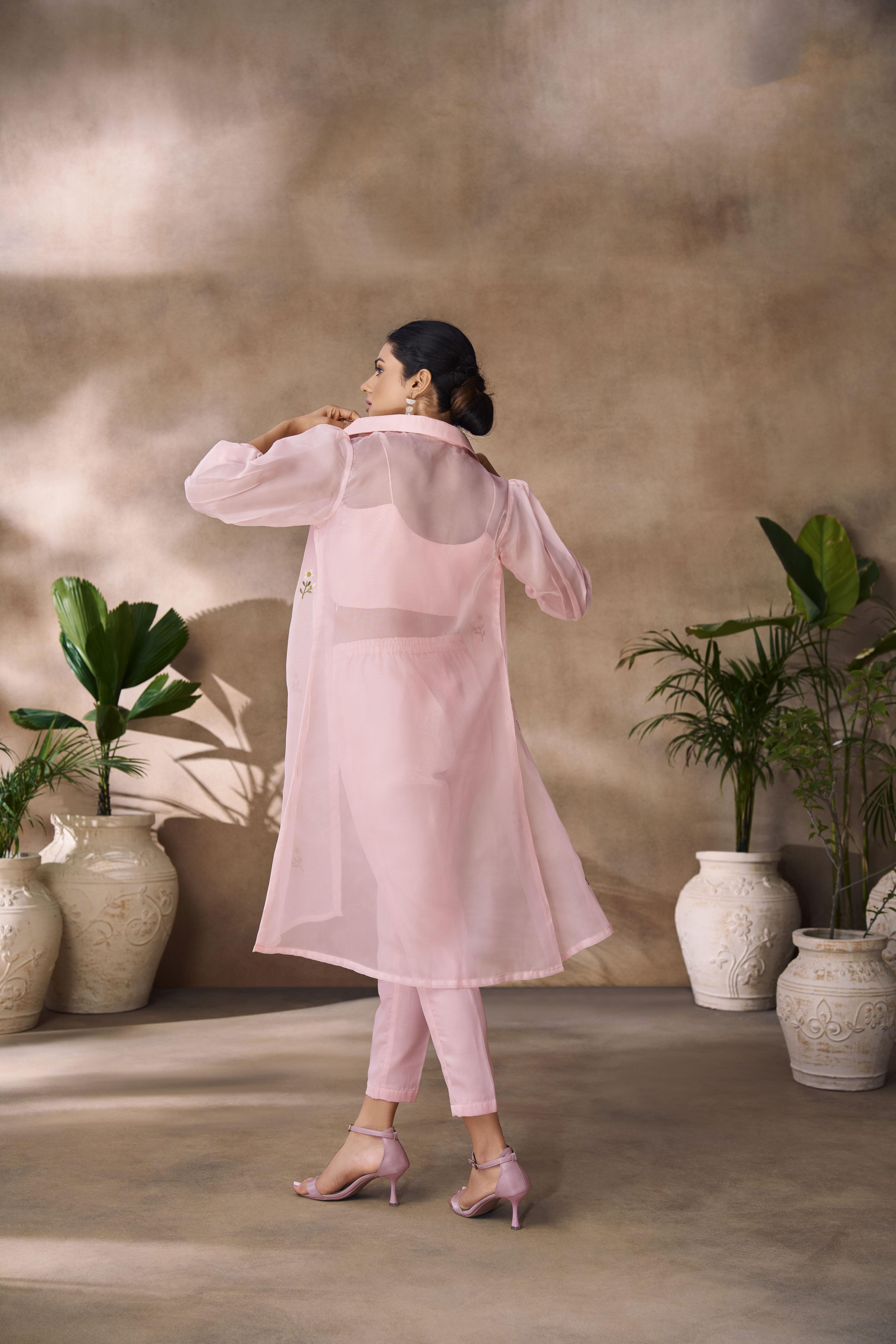 Peach Organza Designer Hand Work Kurti