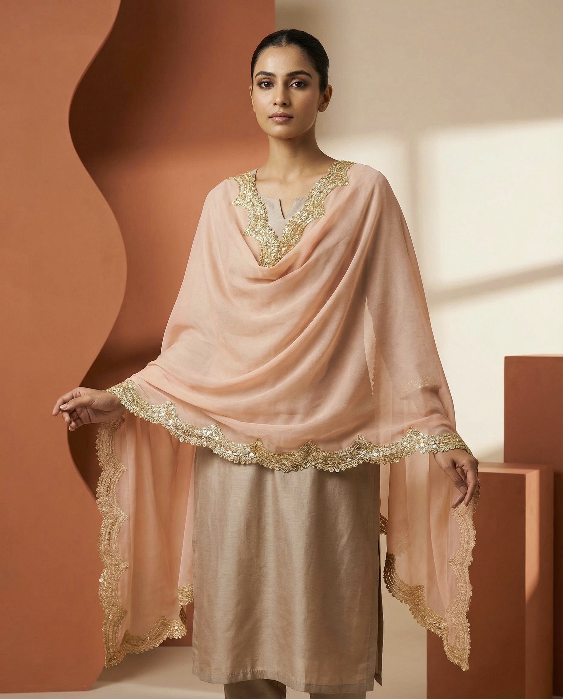 Peach Organza Designer Printed Dupatta