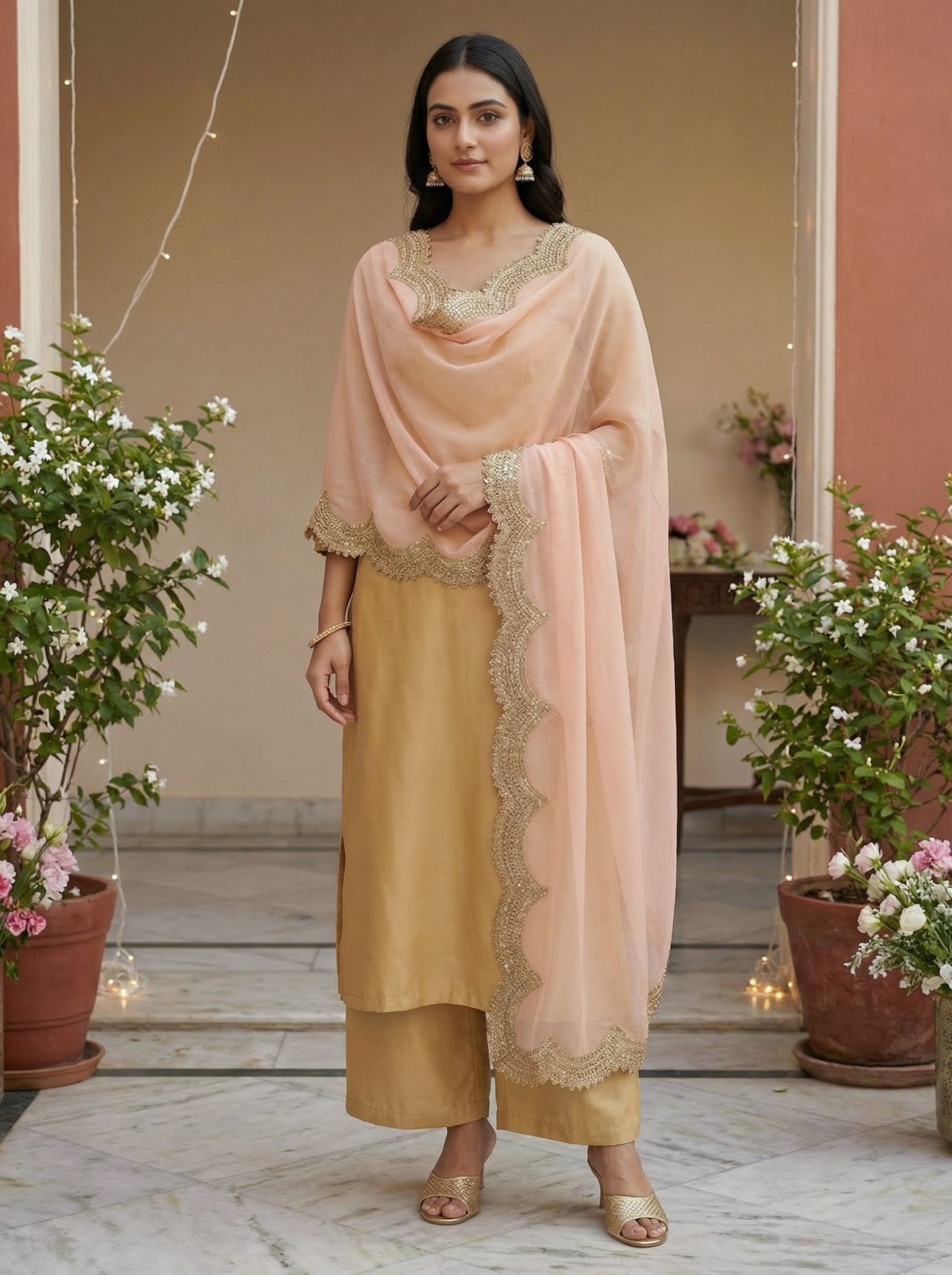 Peach Organza Designer Printed Dupatta