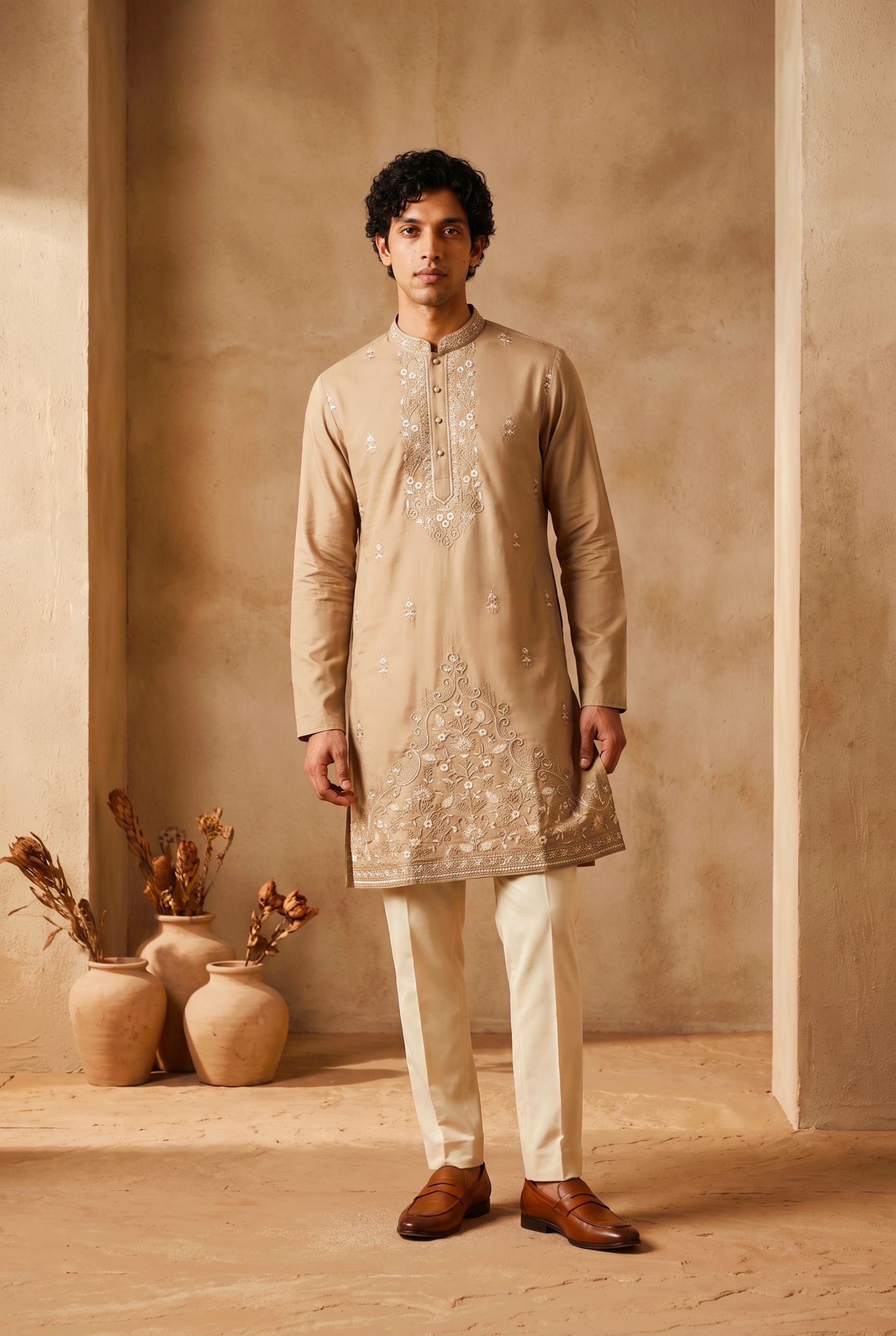 Peach Ornamental Embroidered Silk Kurta Pyjama