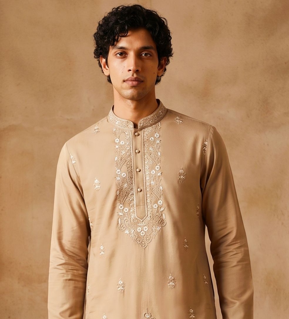 Peach Ornamental Embroidered Silk Kurta Pyjama