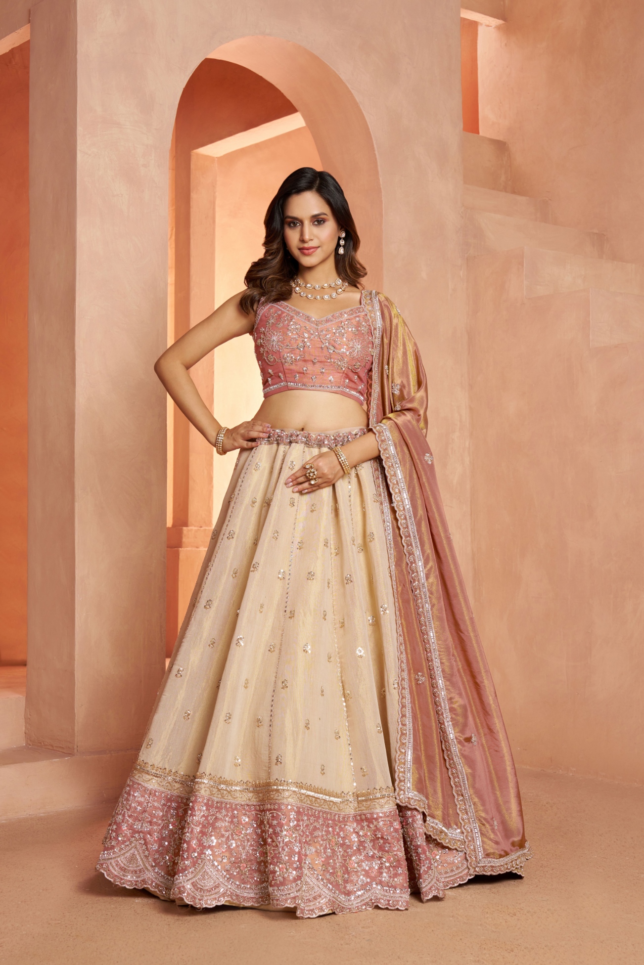 Peach Peacock Embroidered Kanjivaram Lehenga Choli