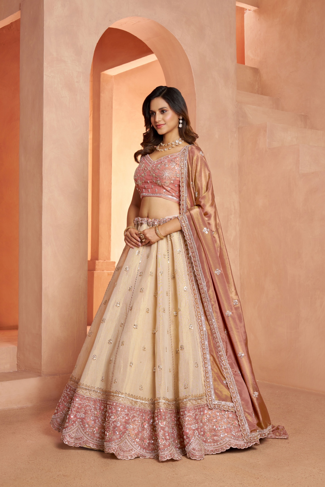 Peach Peacock Embroidered Kanjivaram Lehenga Choli