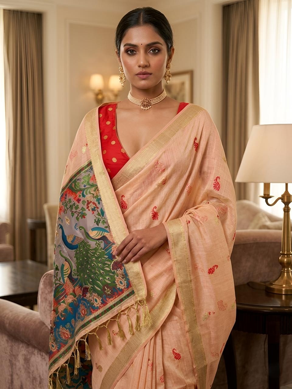 Peach Peacock Kalamkari Woven Cotton Silk Saree