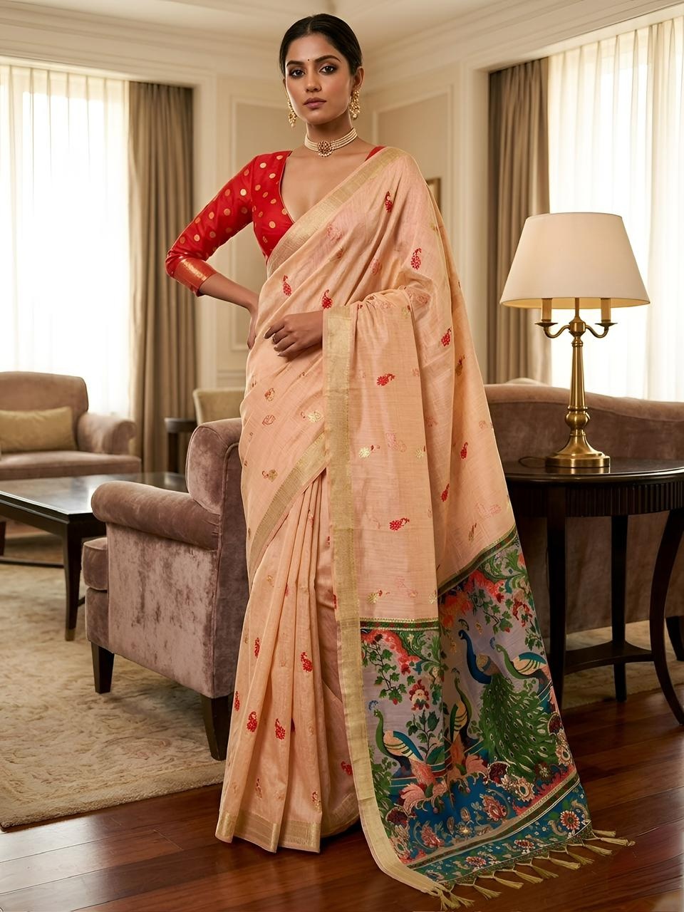 Peach Peacock Kalamkari Woven Cotton Silk Saree