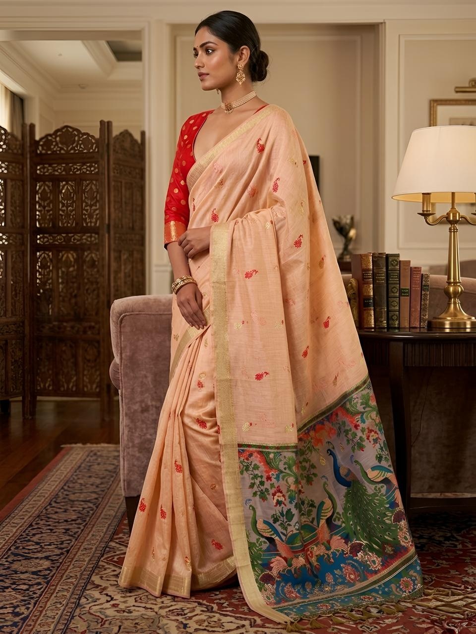 Peach Peacock Motif Cotton Saree