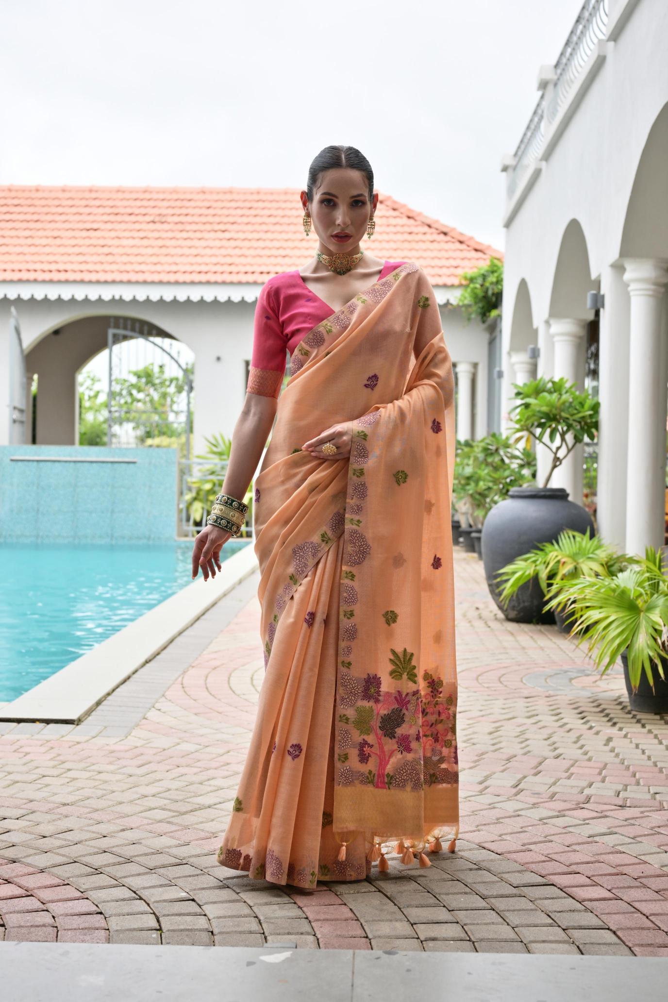 Peach Pink Chanderi Cotton Floral Saree