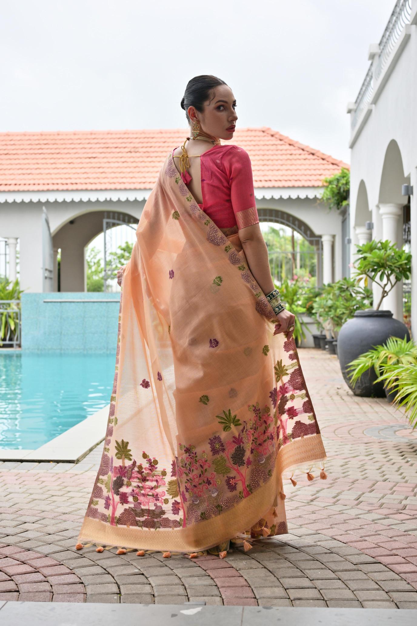 Peach Pink Chanderi Cotton Floral Saree — alternate view