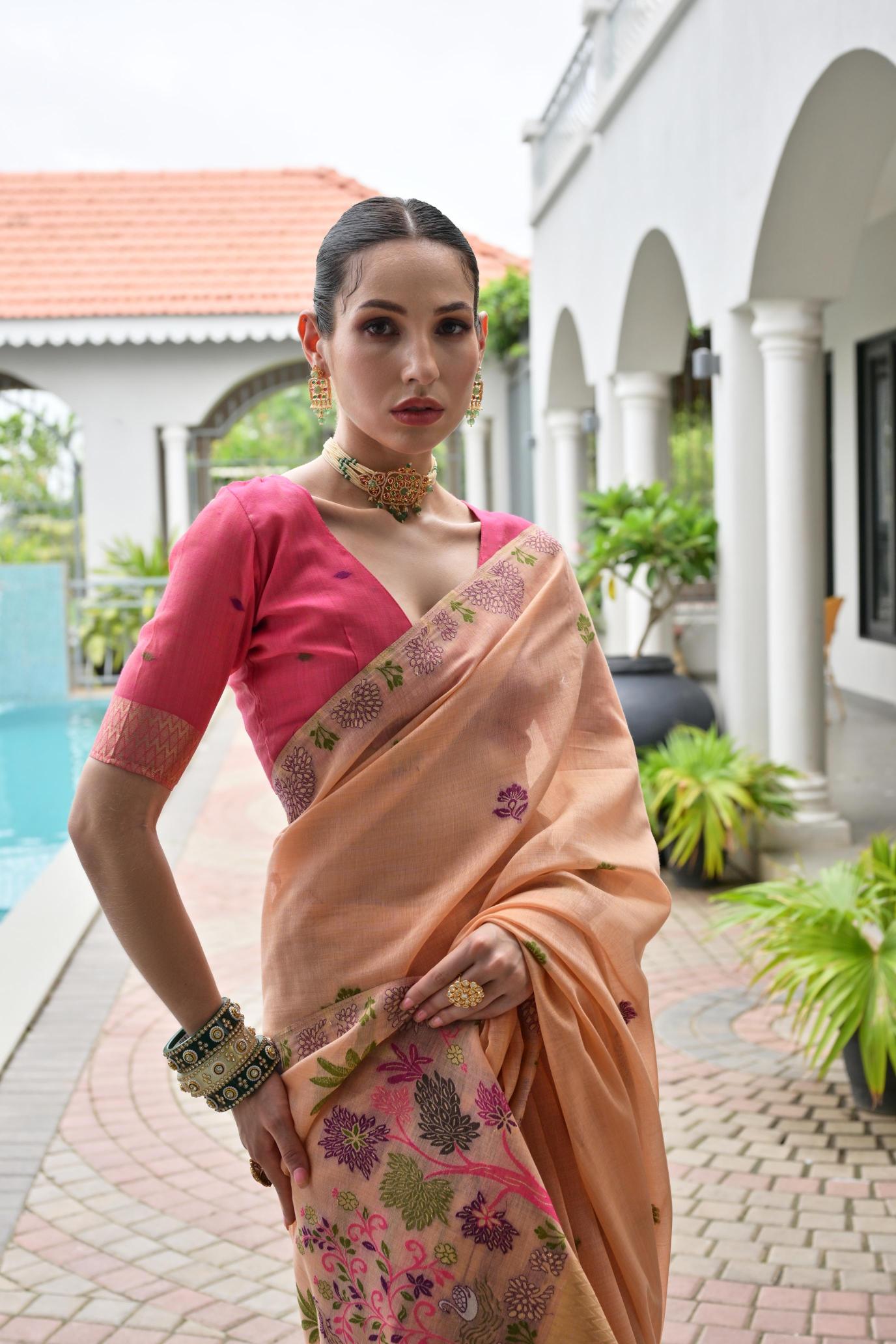 Peach Pink Chanderi Cotton Floral Saree