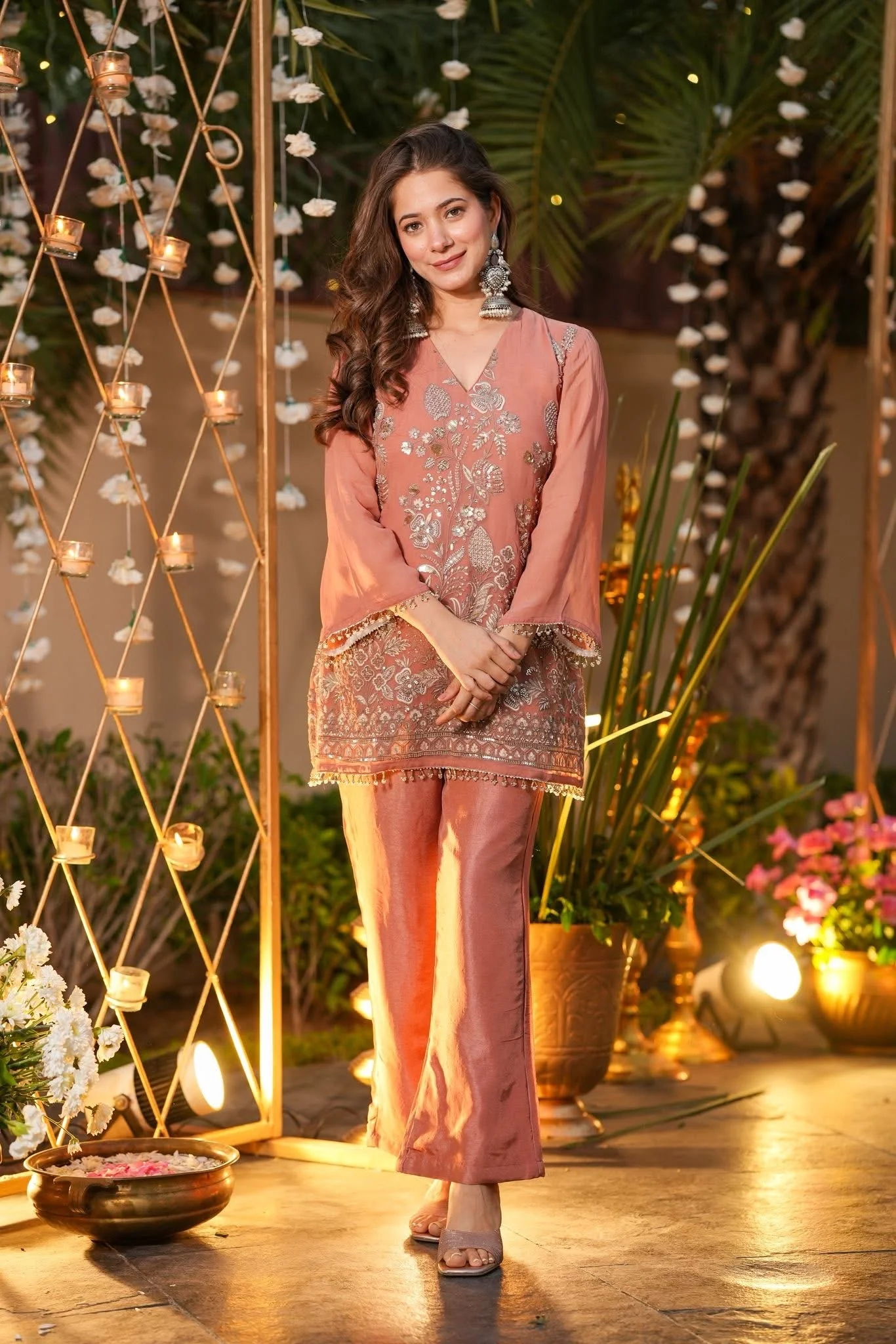 Peach Pink Embroidered Cruncy Silk Co-Ord Set