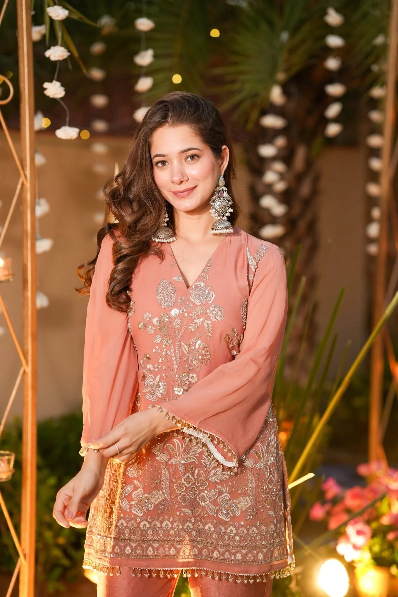 Peach Pink Embroidered Cruncy Silk Co-Ord Set