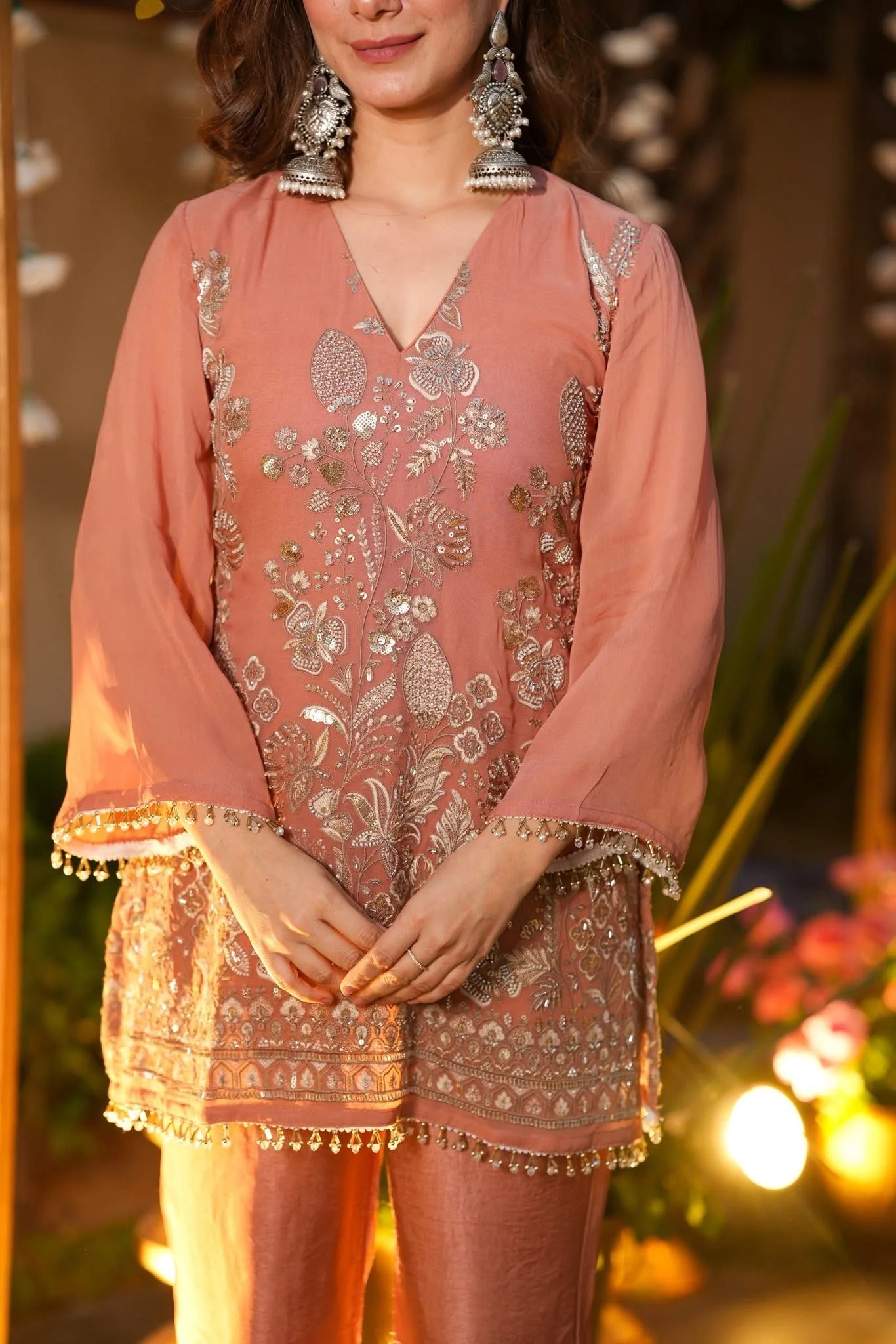 Peach Pink Embroidered Cruncy Silk Co-Ord Set