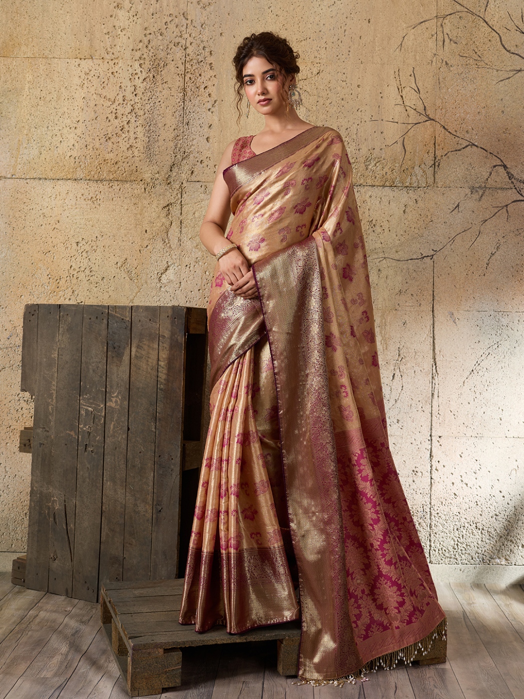 Peach Pink Floral Woven Soft Silk Designer Saree