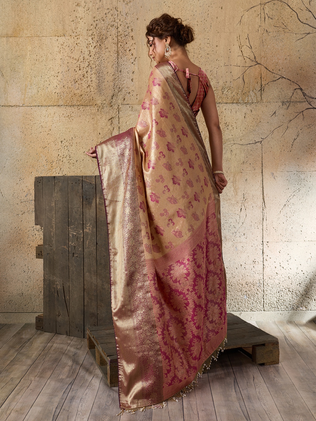 Peach Pink Floral Woven Soft Silk Designer Saree — alternate view
