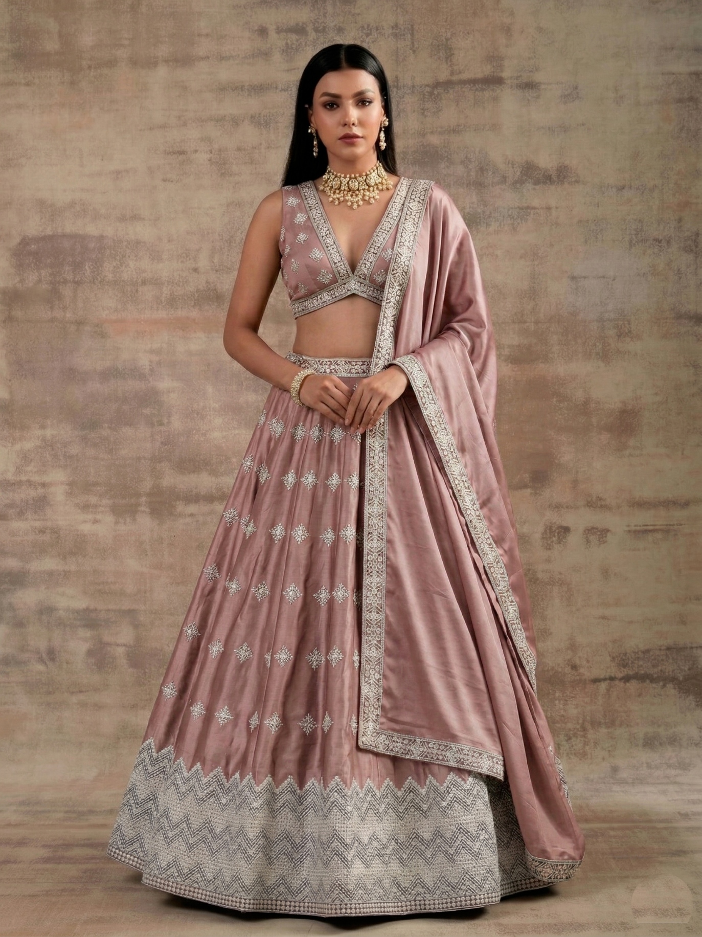Peach Pink Geometric Zari Satin Umbrella Lehenga