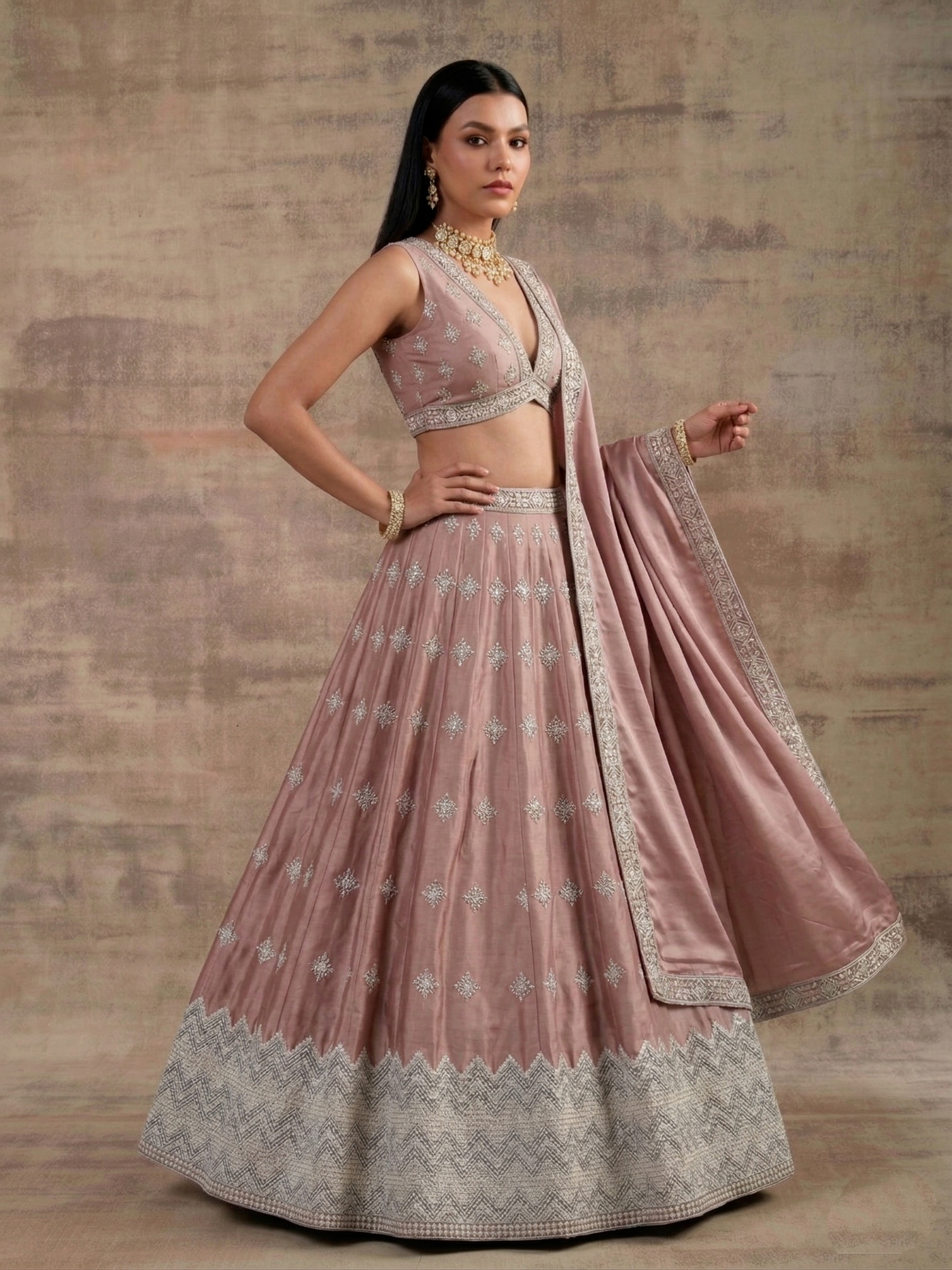 Peach Pink Geometric Zari Satin Umbrella Lehenga — alternate view