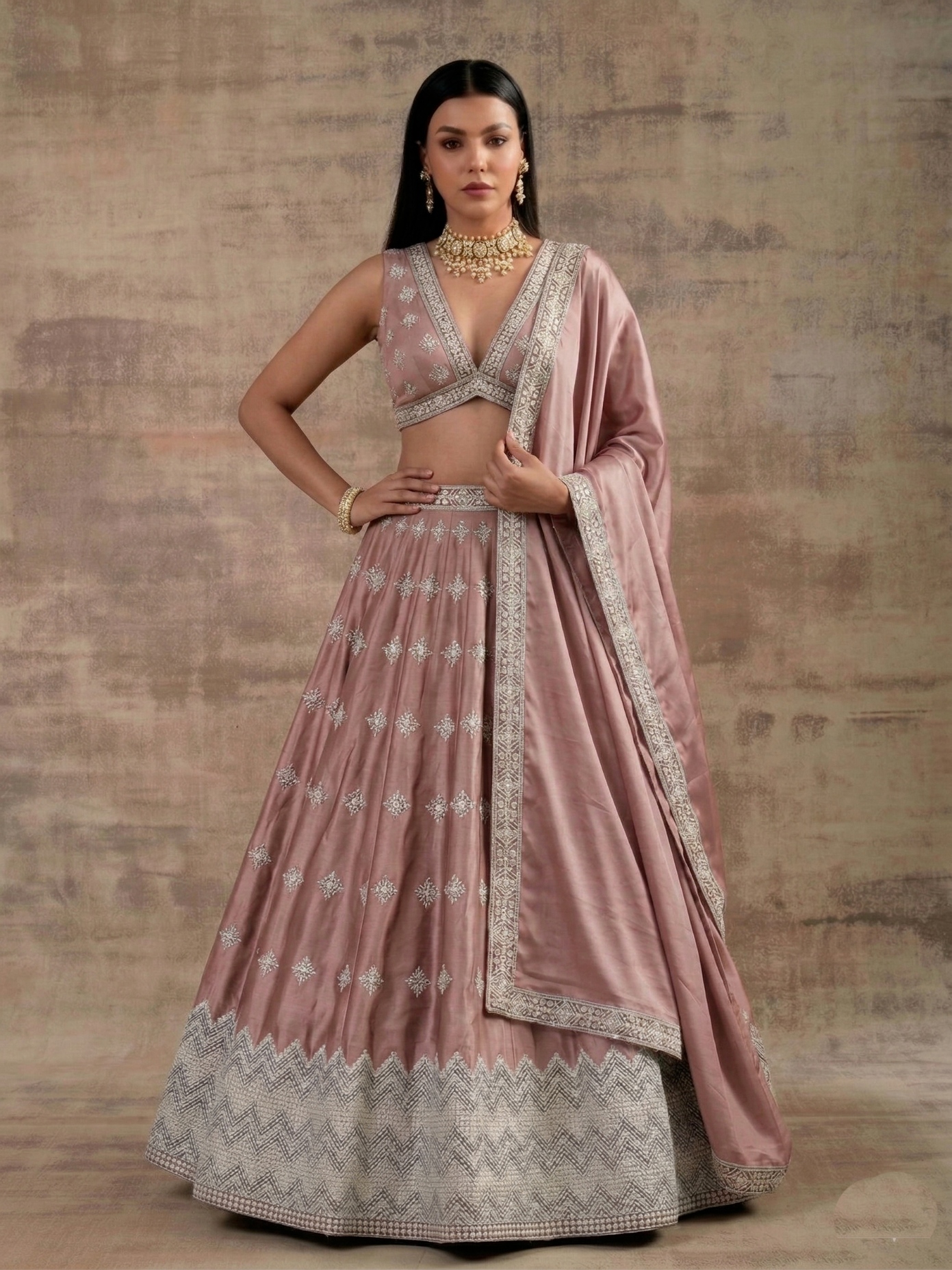 Peach Pink Geometric Zari Satin Umbrella Lehenga