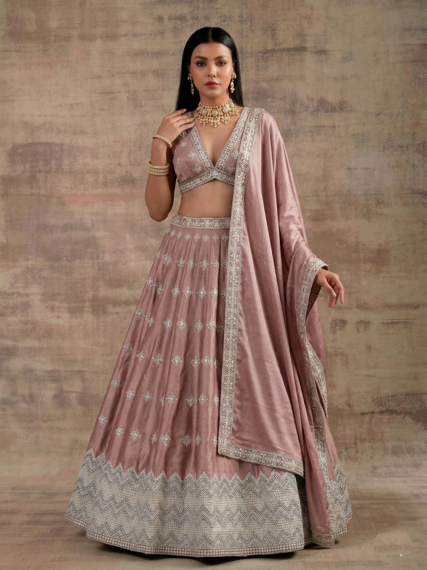 Peach Pink Geometric Zari Satin Umbrella Lehenga