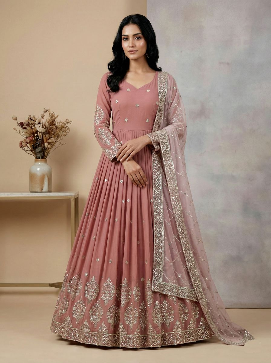 Peach Pink Heavy Faux Georgette Embroidered Sequence Anarkali Gown