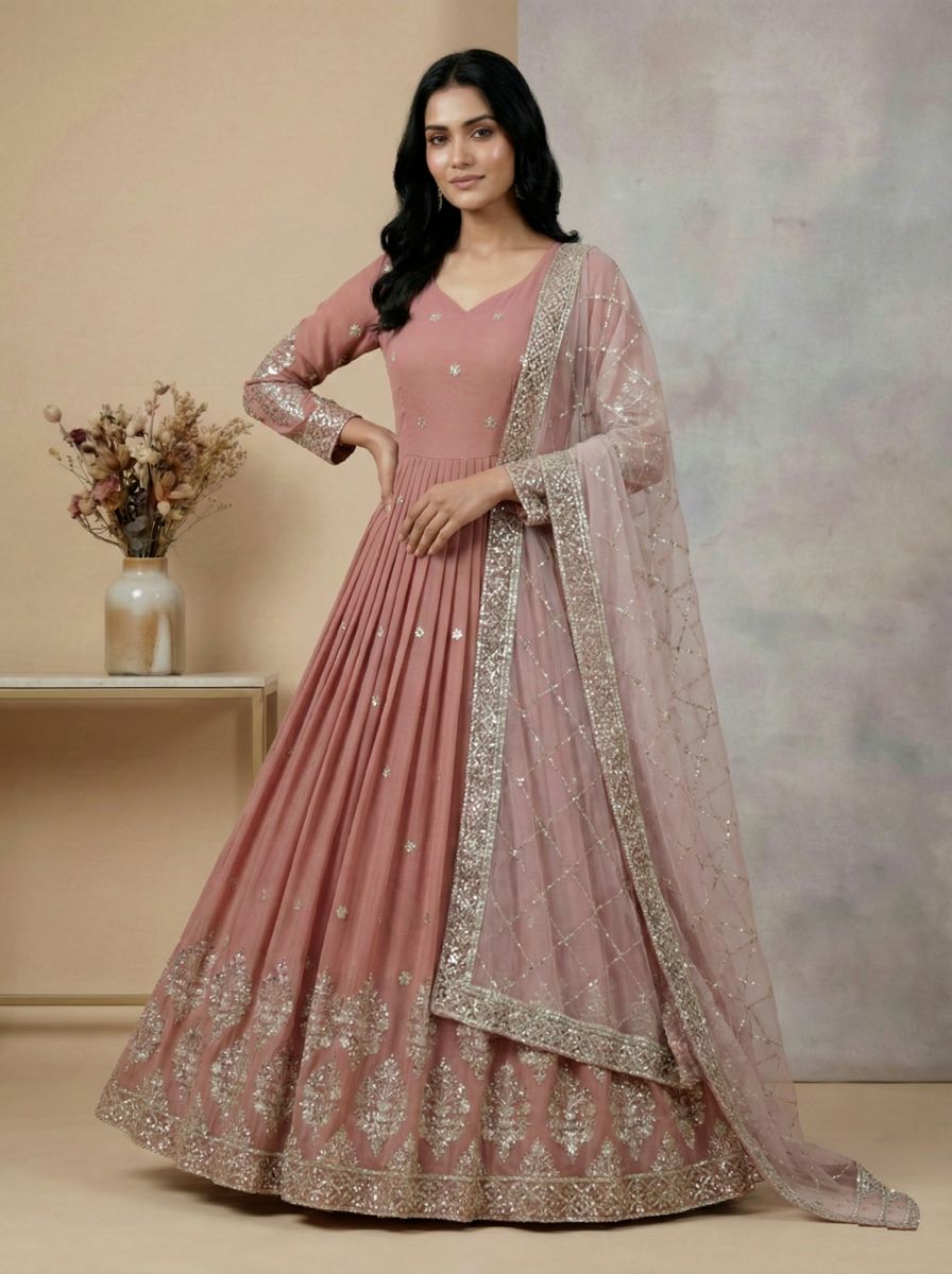 Peach Pink Heavy Faux Georgette Embroidered Sequence Anarkali Gown — alternate view
