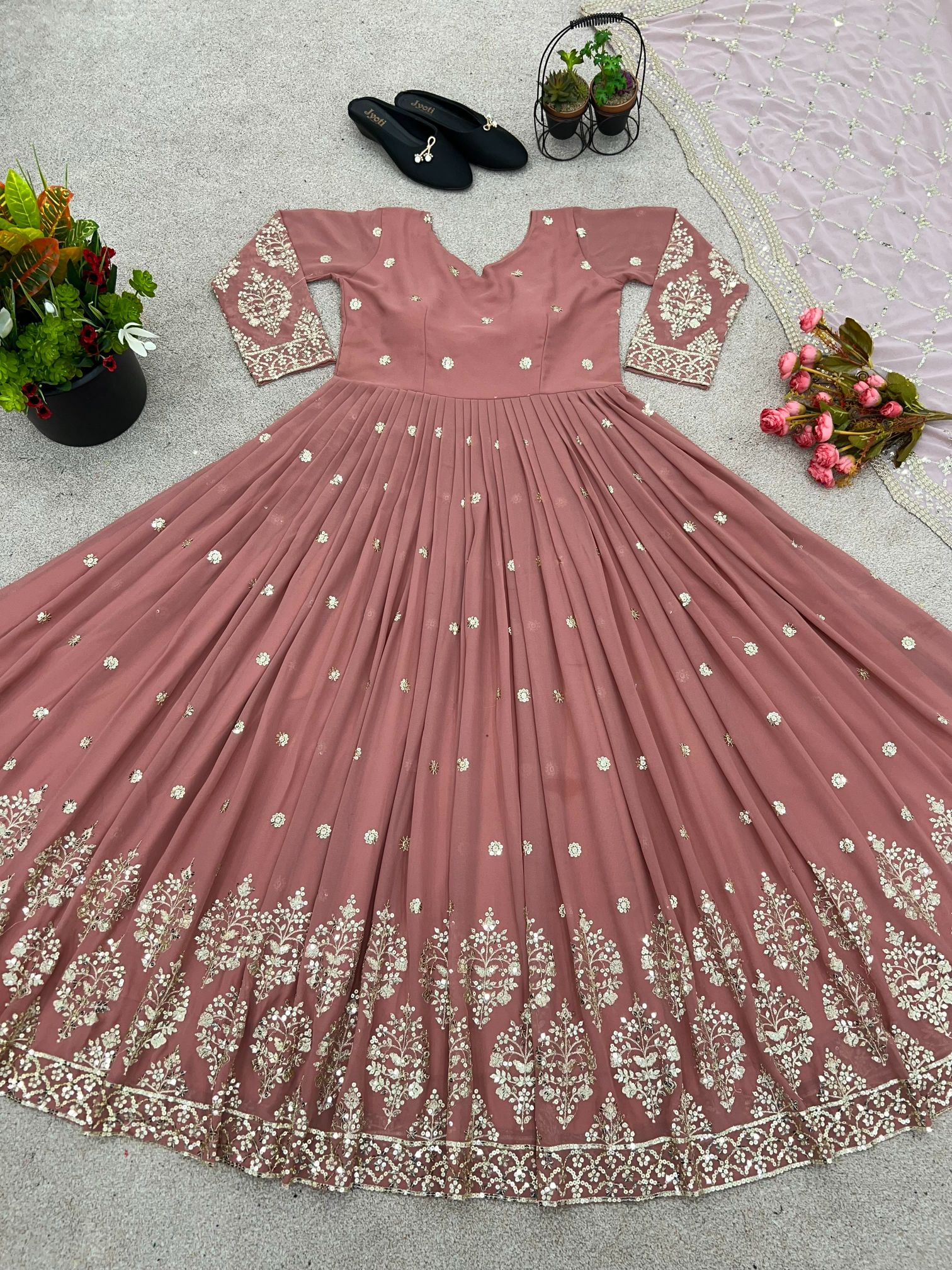 Peach Pink Heavy Faux Georgette Embroidered Sequence Anarkali Gown