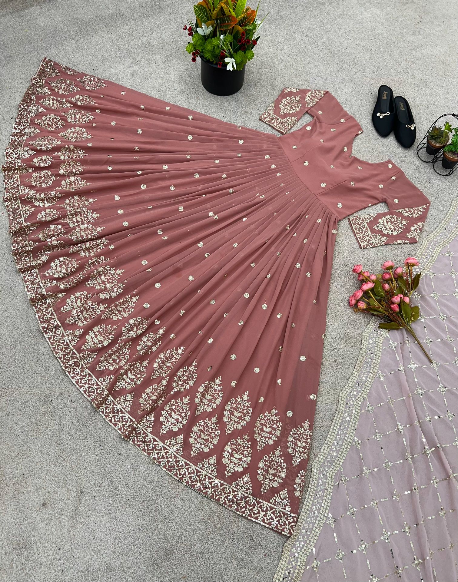Peach Pink Heavy Faux Georgette Embroidered Sequence Anarkali Gown