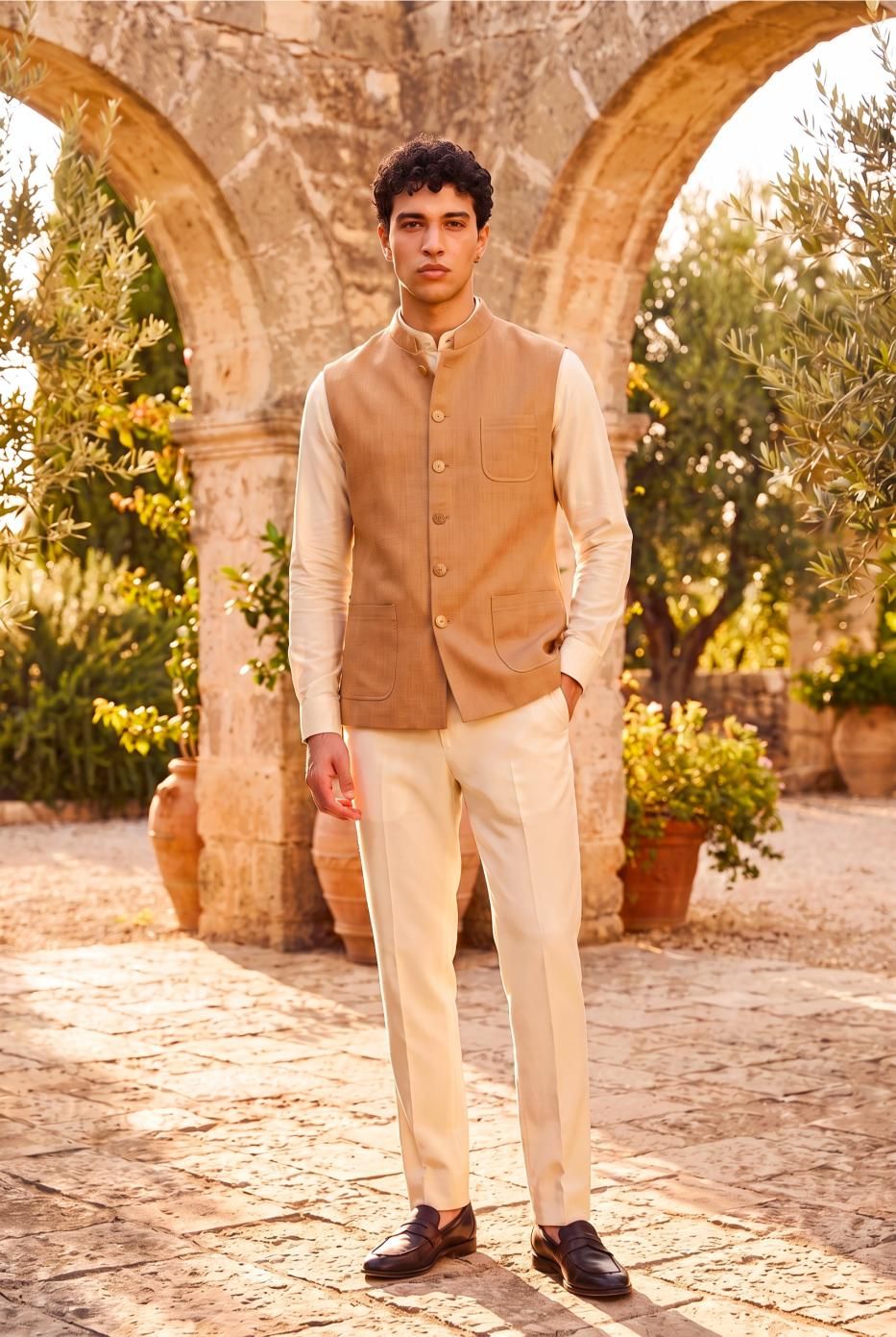 Peach Prime Jute Nehru Jacket
