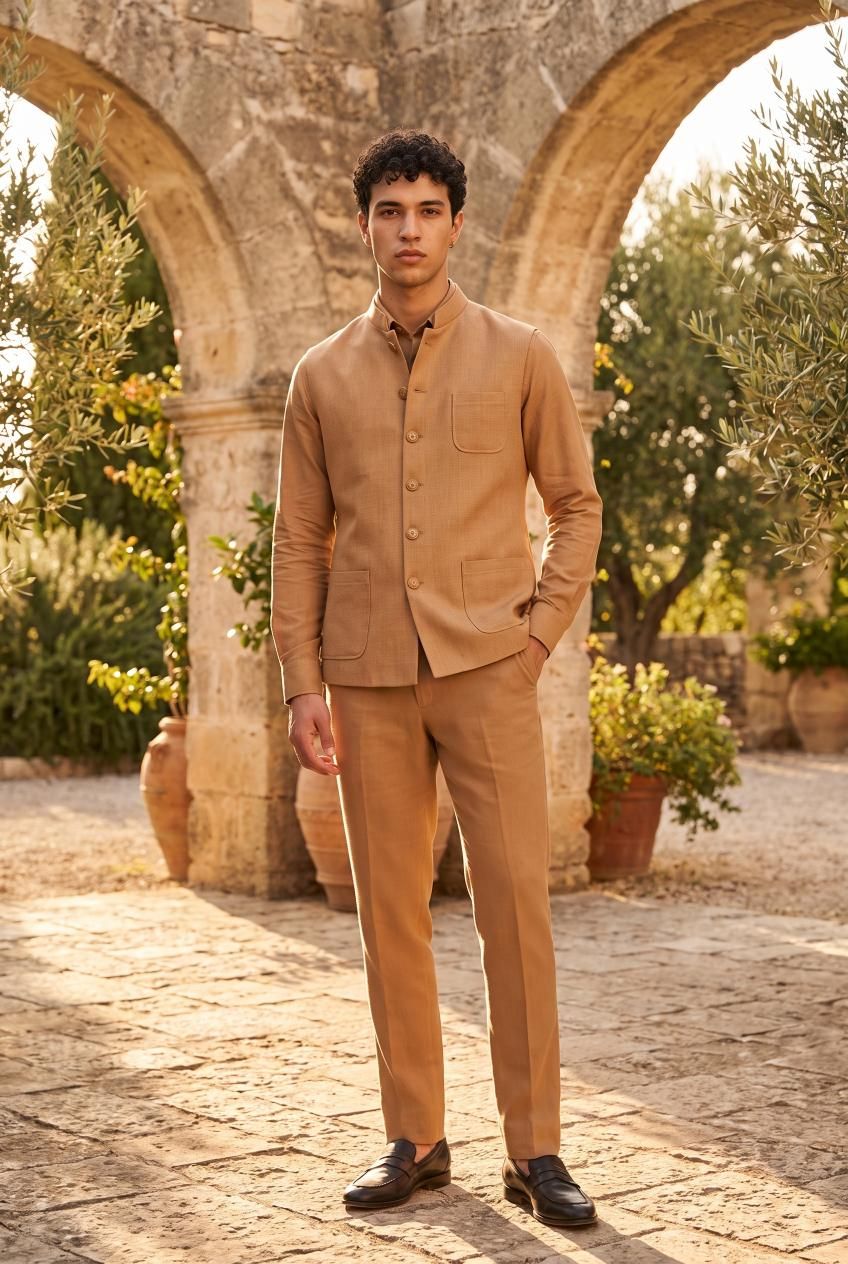 Peach Prime Jute Nehru Jacket