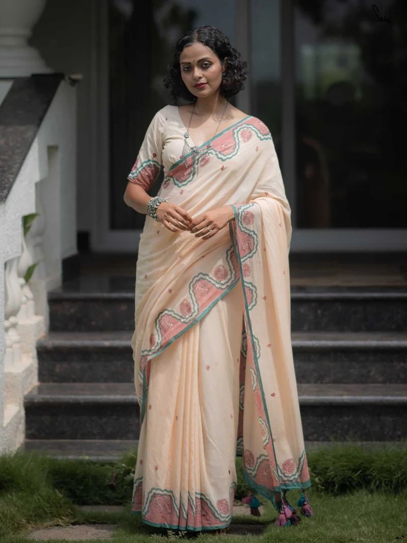 Peach Printed Linen Cotton Saree
