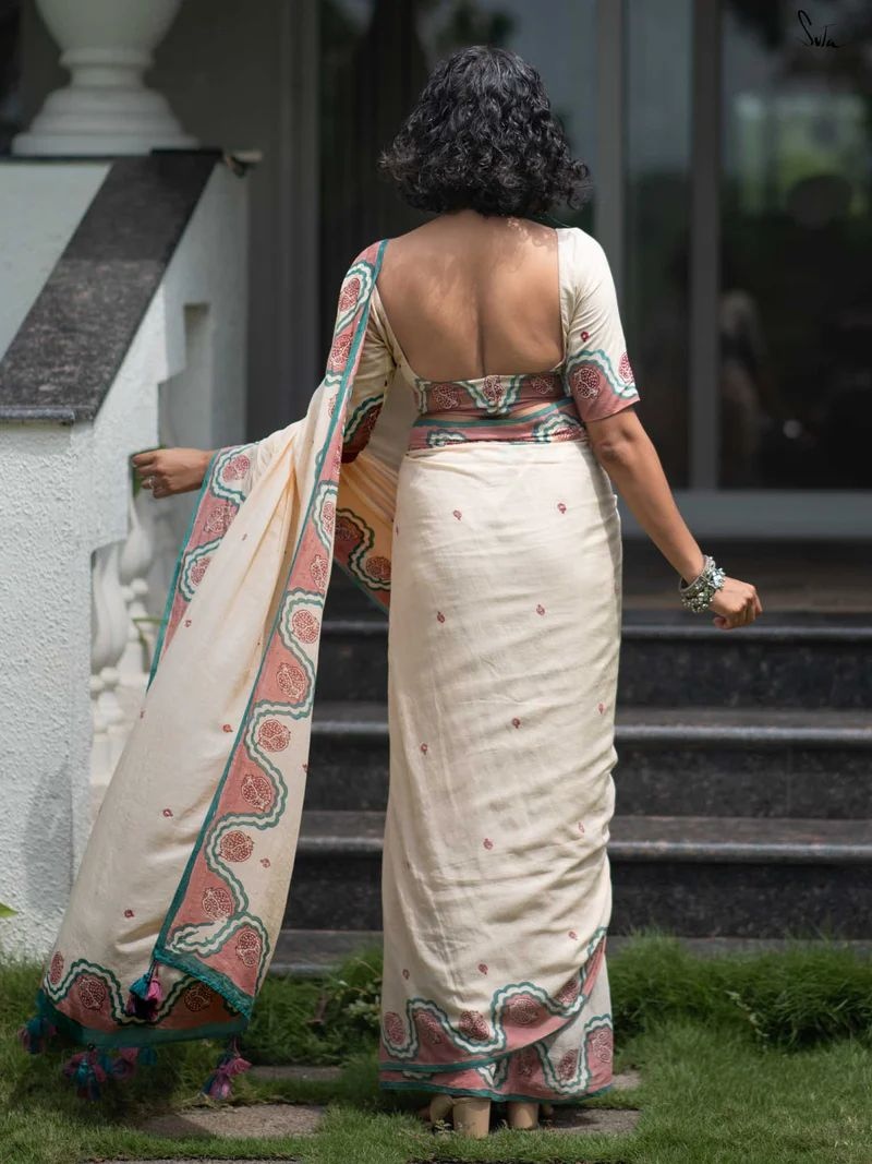 Peach Printed Linen Cotton Saree — alternate view