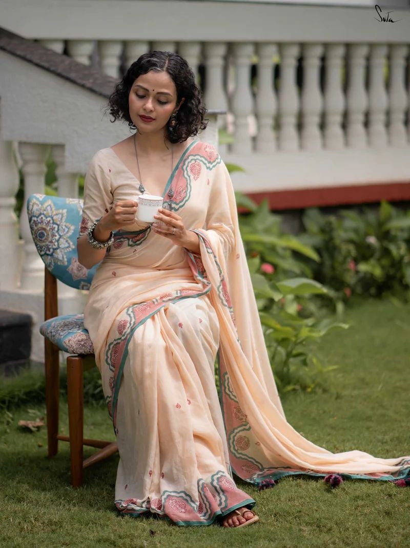 Peach Printed Linen Cotton Saree