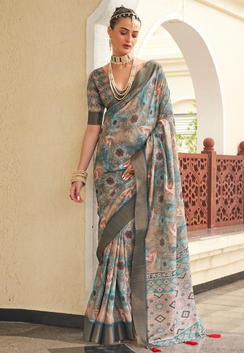 Peach Printed Sequence Fendy Satin Saree