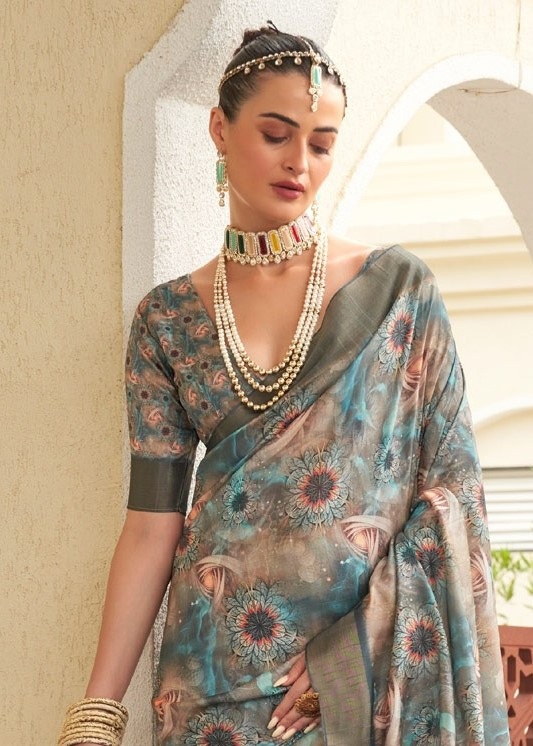 Peach Printed Sequence Fendy Satin Saree — alternate view