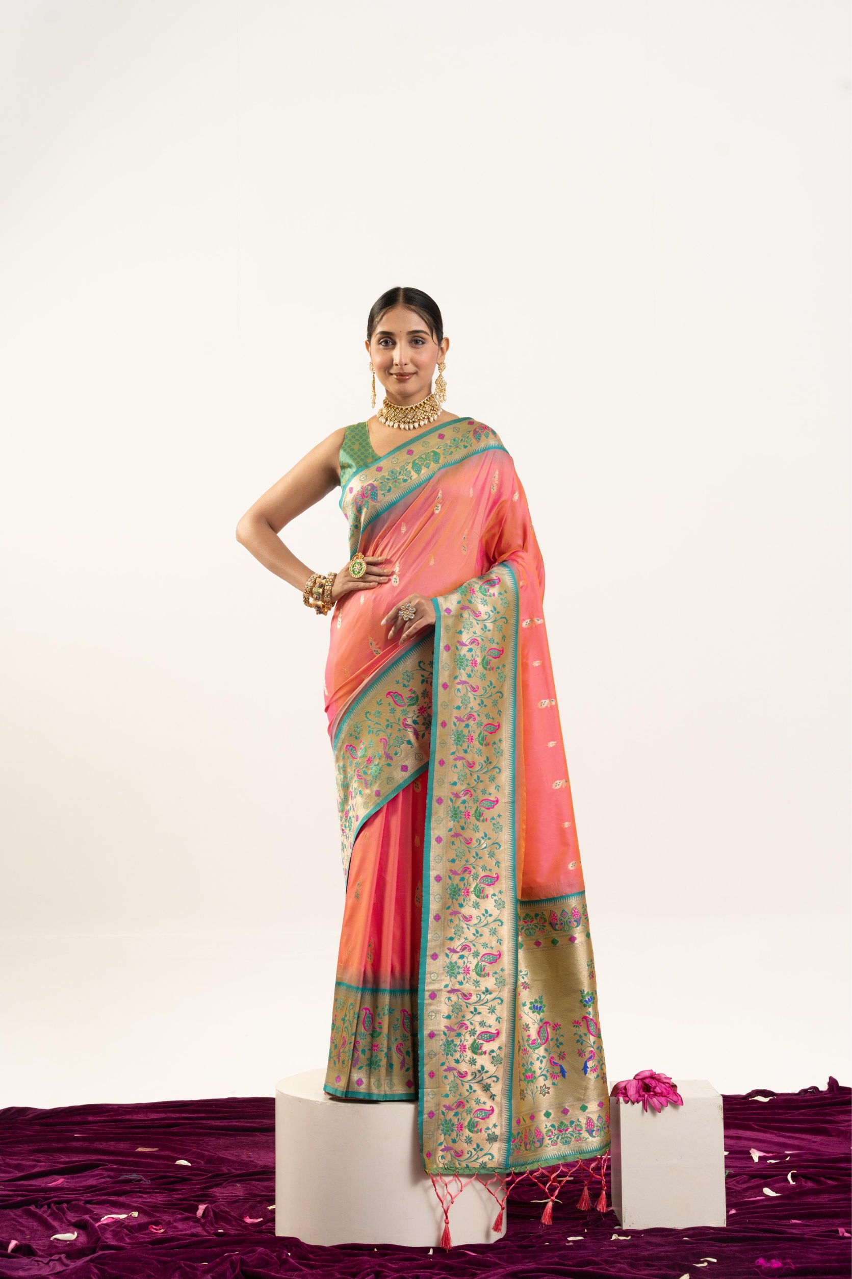 Peach Rama Paithani Woven Banarasi Silk Saree