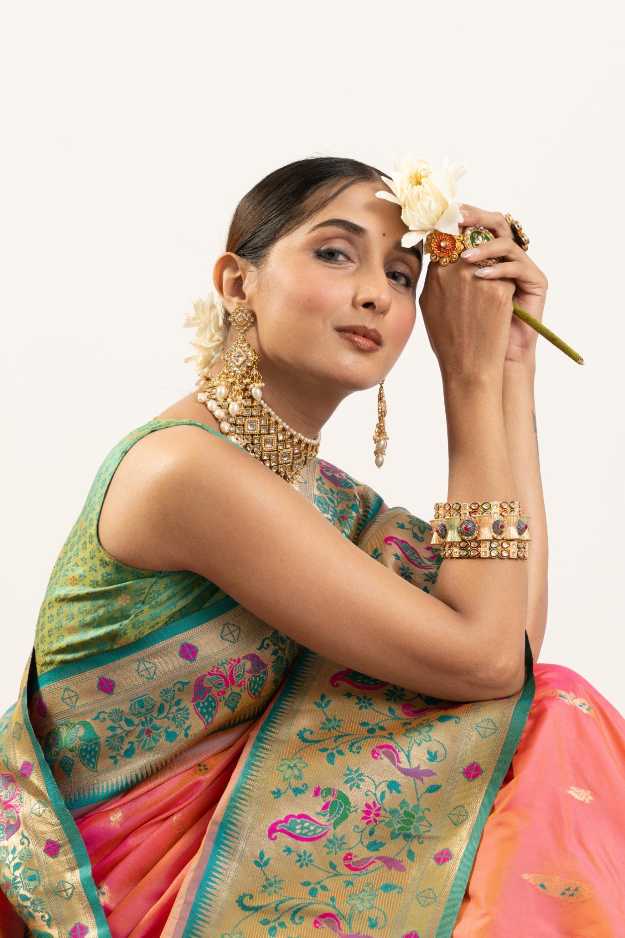 Peach Rama Paithani Woven Banarasi Silk Saree