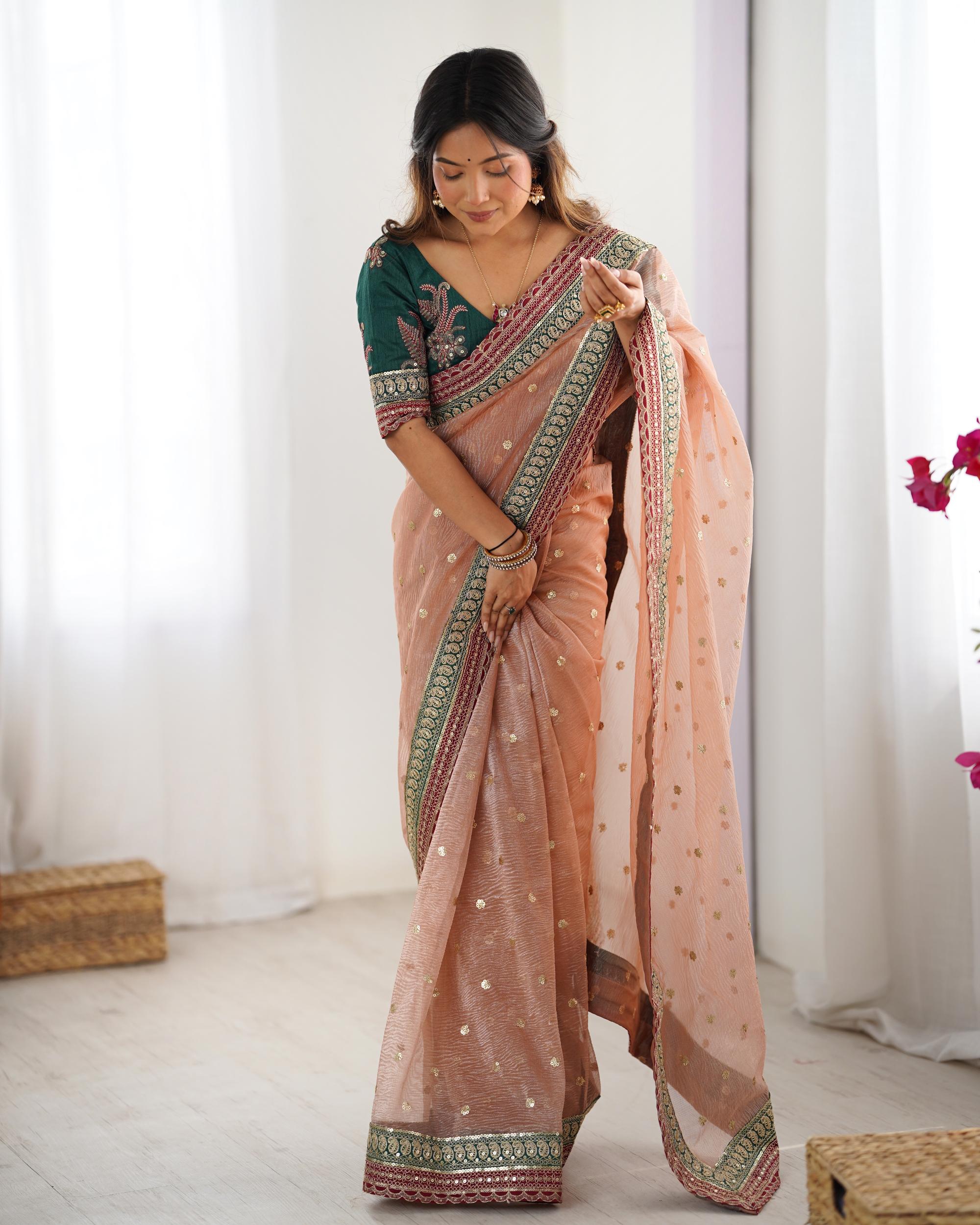 Peach Rama Sequin Embroidered Banarasi Crush Saree