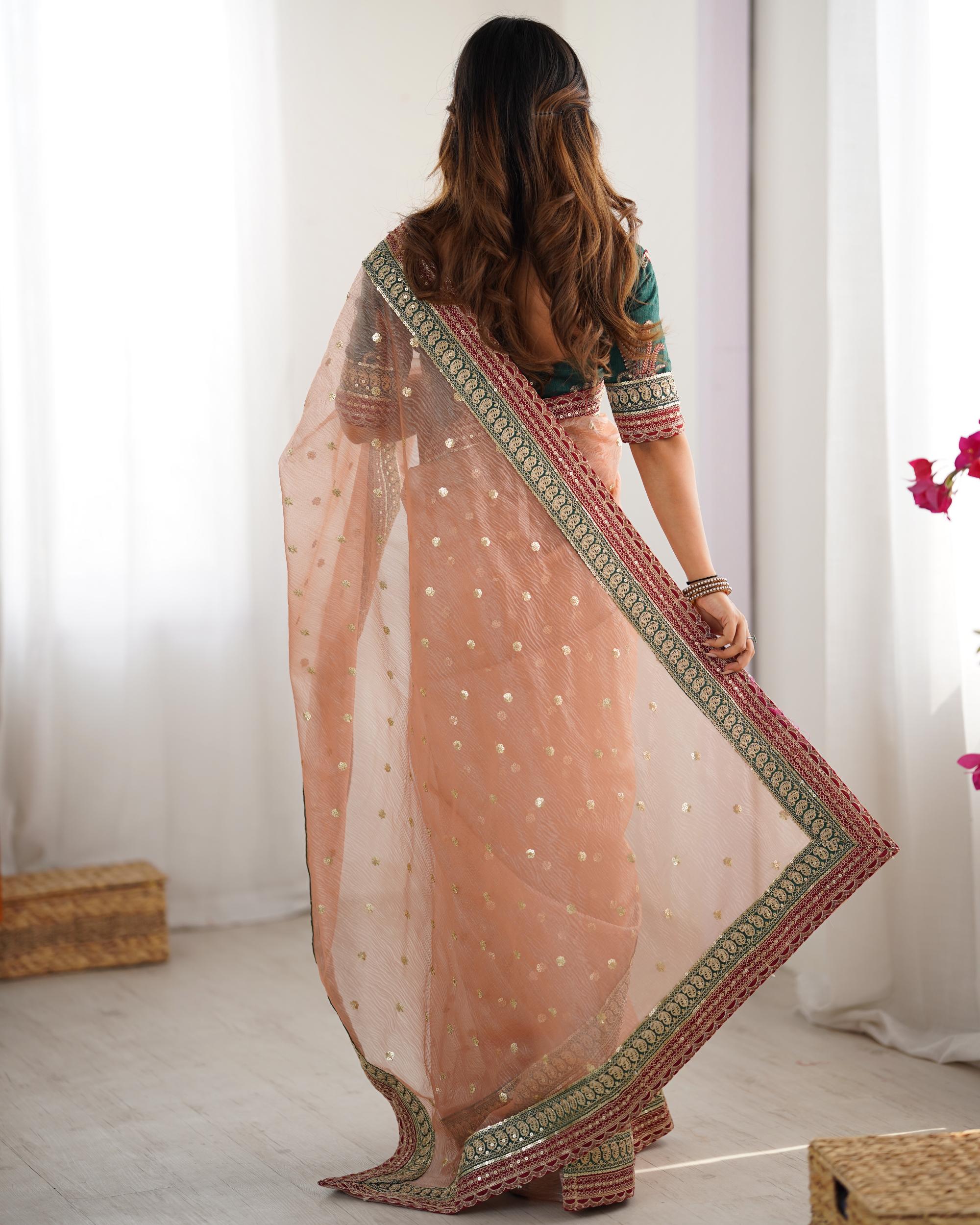 Peach Rama Sequin Embroidered Banarasi Crush Saree — alternate view