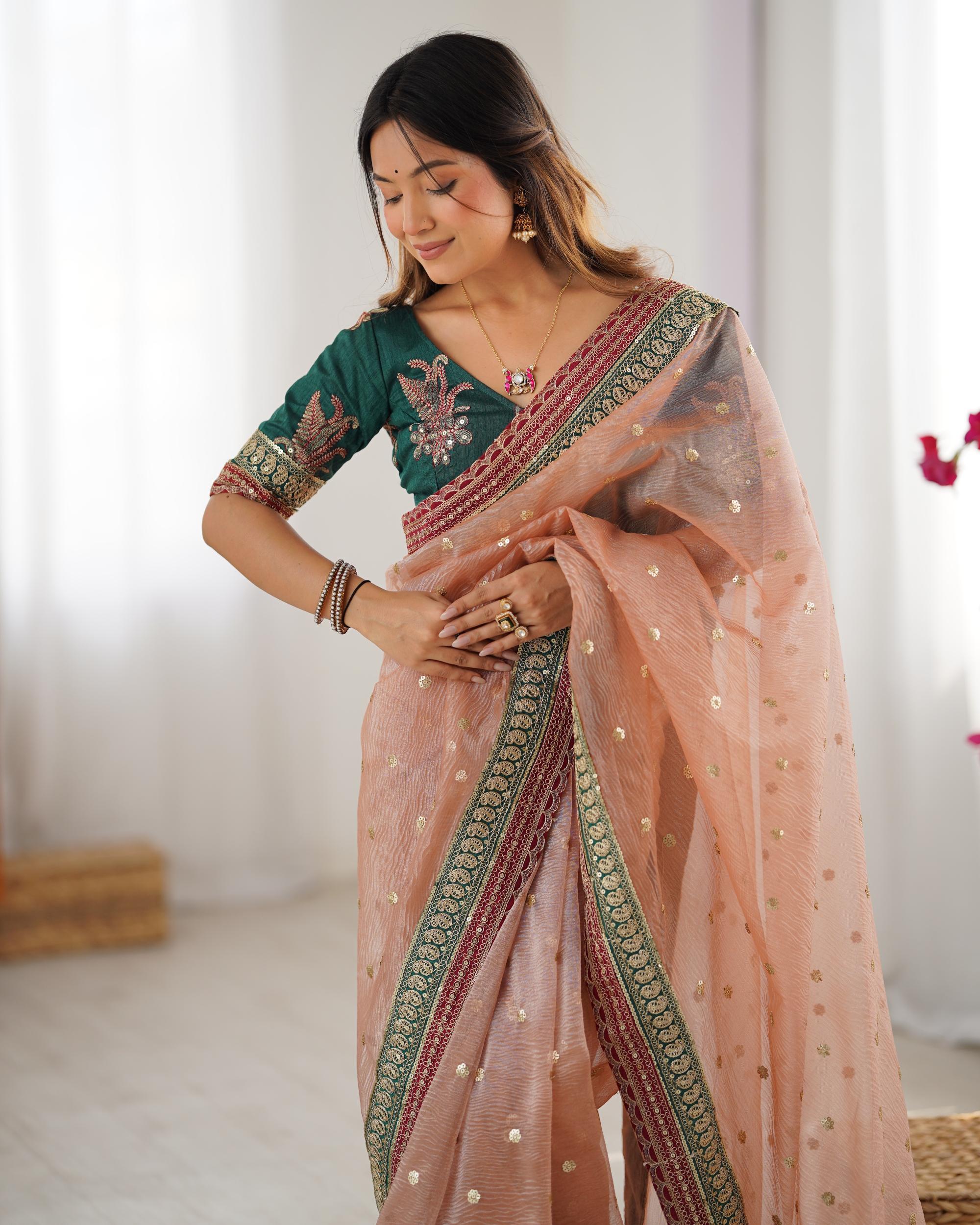 Peach Rama Sequin Embroidered Banarasi Crush Saree
