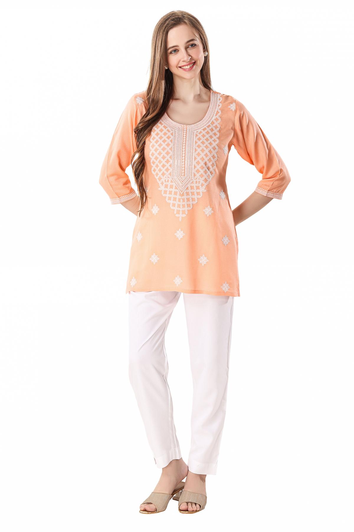 Peach Rayon Designer Chikankari Embroidery Work