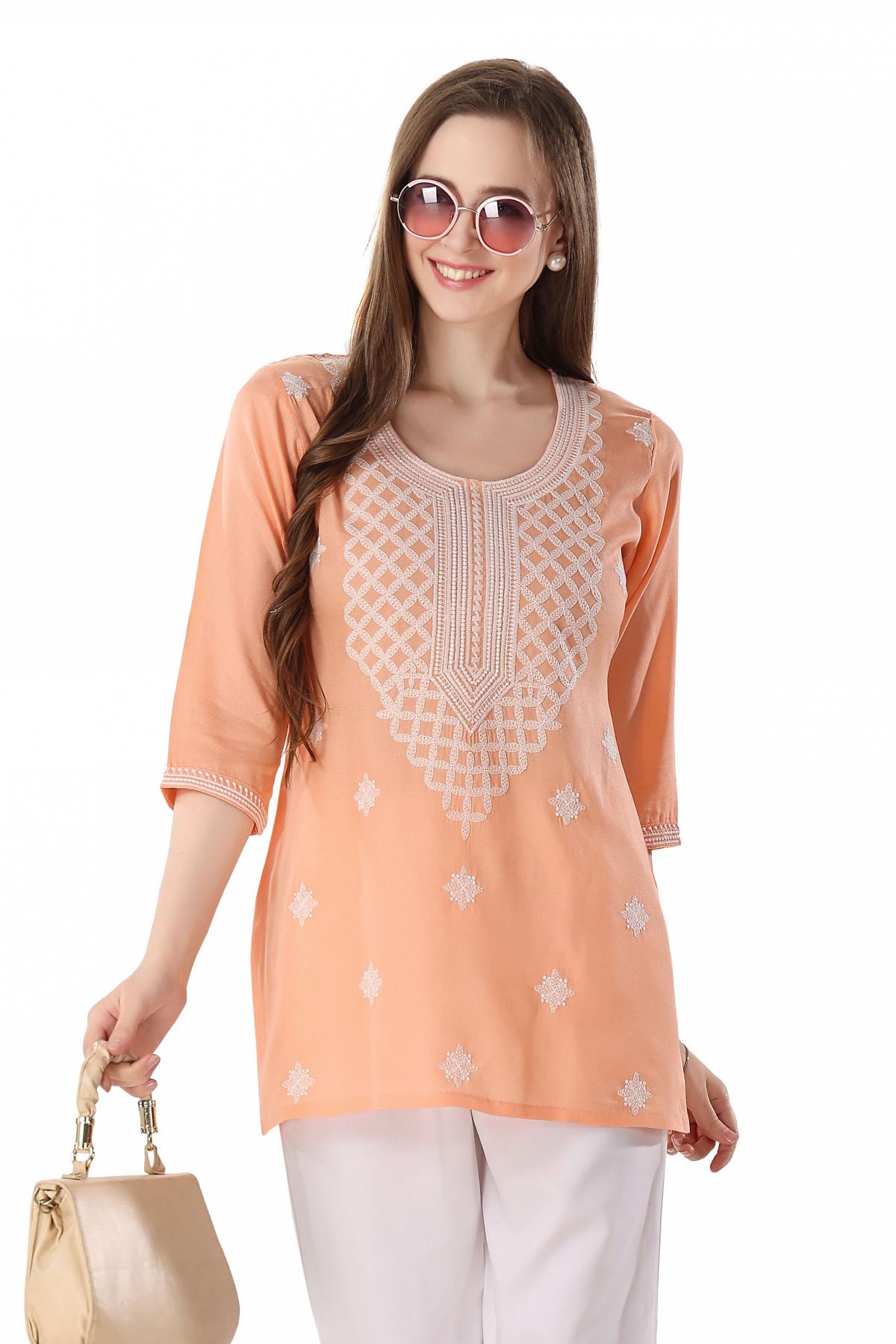 Peach Rayon Designer Chikankari Embroidery Work — alternate view