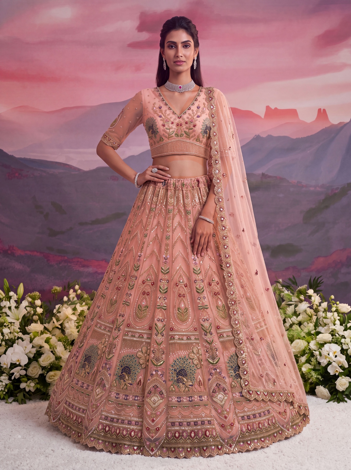 Peach Sequin Jari Thread Net Bridal Lehenga Choli