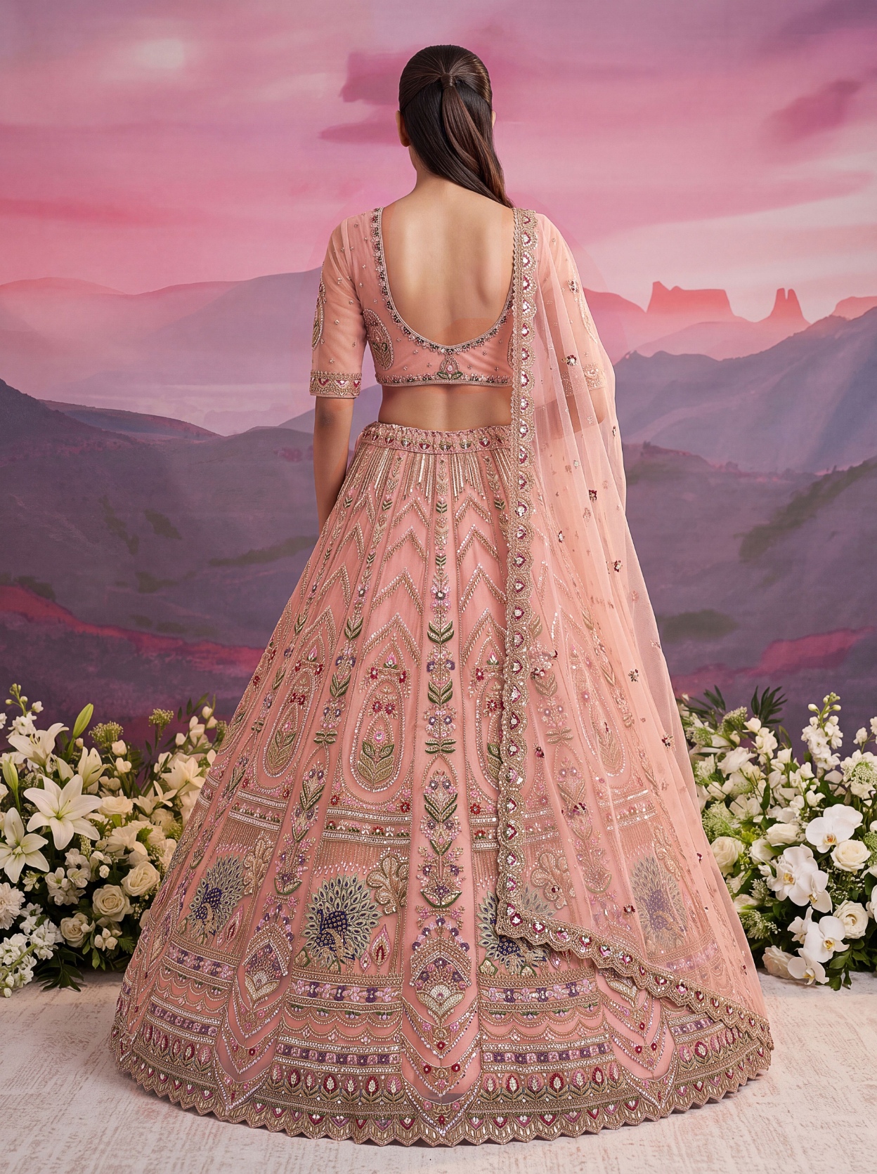 Peach Sequin Jari Thread Net Bridal Lehenga Choli — alternate view
