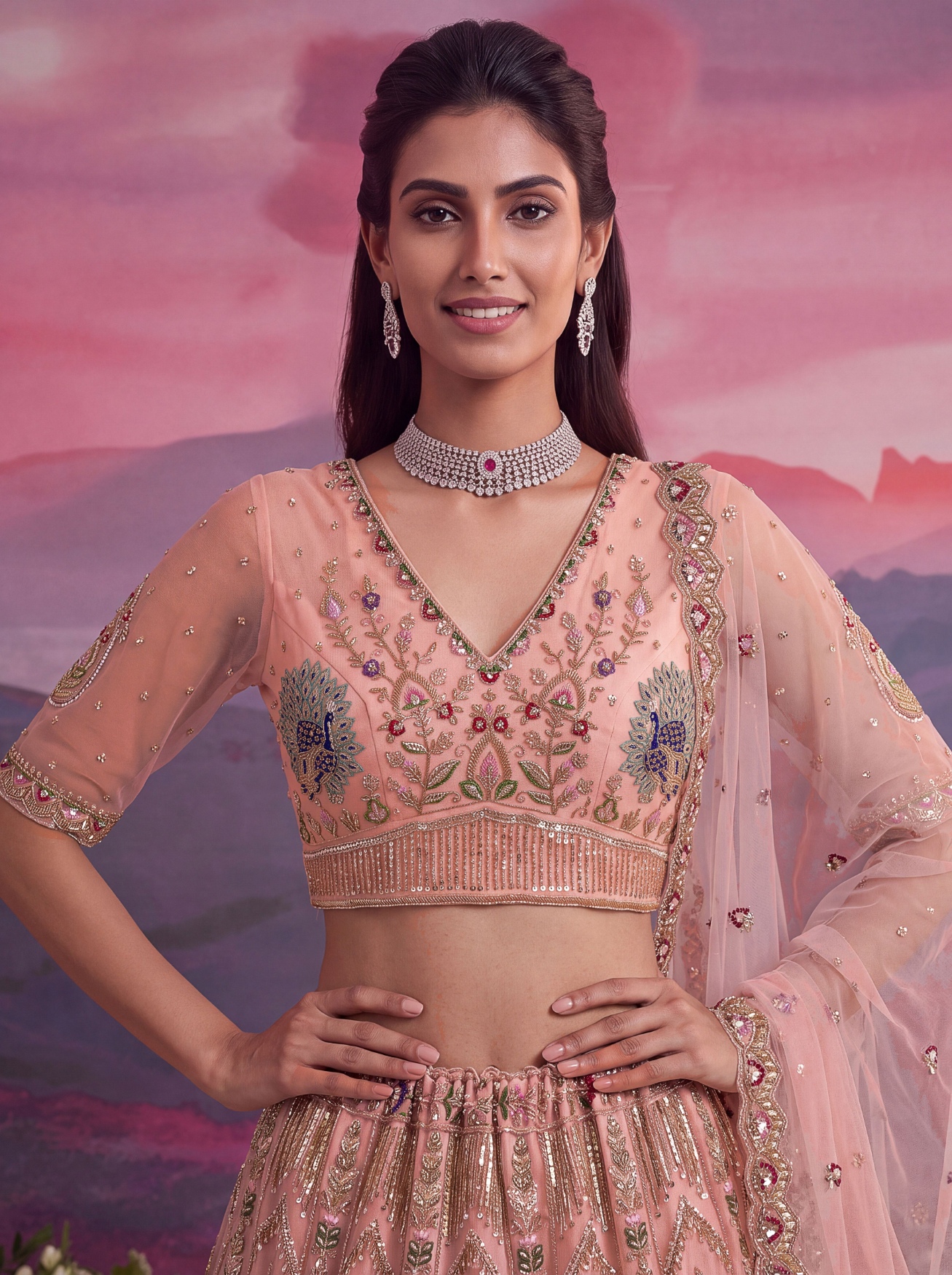 Peach Sequin Jari Thread Net Bridal Lehenga Choli